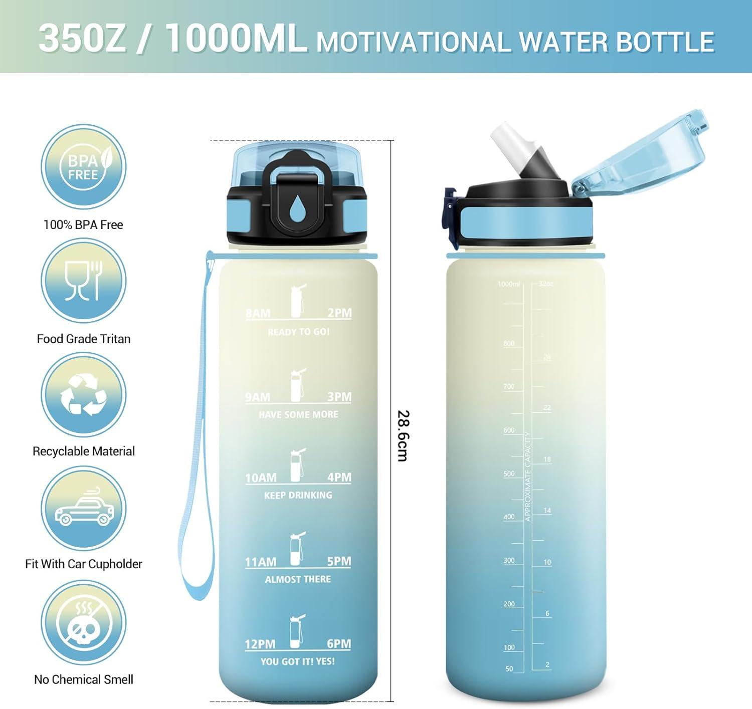 image:imageGourde Motivation 1L Gourde avec Paille sans BPA Bouteille deau de Motivation avec Marqueur de Temps tanche et Rutilisable Bouteille Rutilisable pour lcole Sport Bureau Yoga Camping32oz1000ml Paille Blanc Bleu Clair