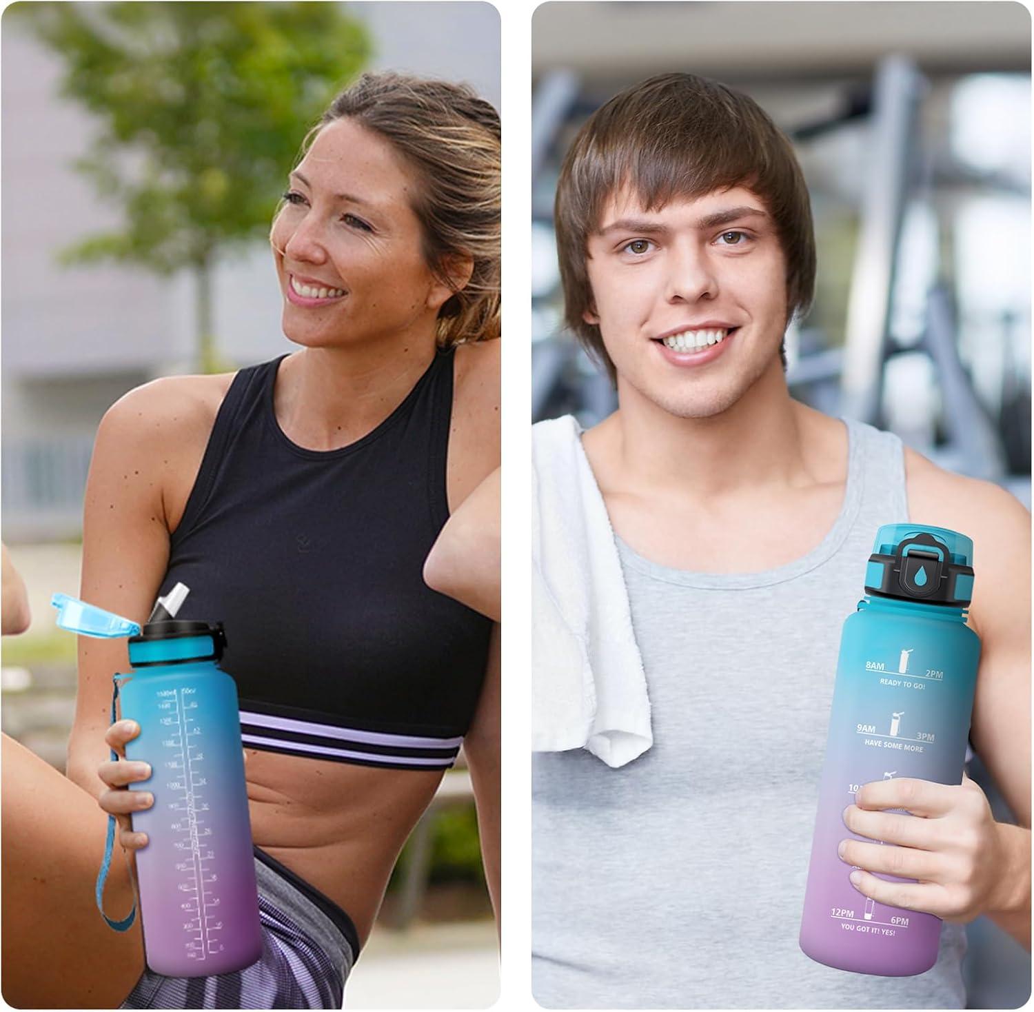 image:imageGourde Motivation 1L Gourde avec Paille sans BPA Bouteille deau de Motivation avec Marqueur de Temps tanche et Rutilisable Bouteille Rutilisable pour lcole Sport Bureau Yoga Camping50oz1500ml Paille Bleu Violet