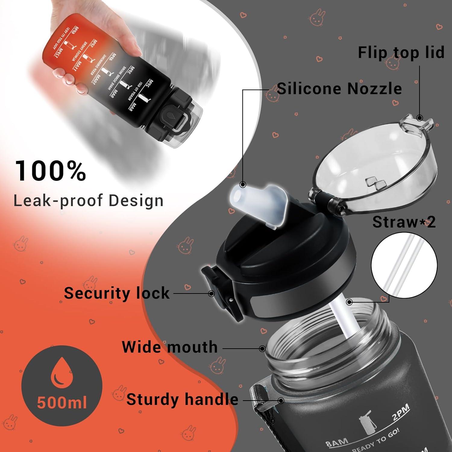 image:imageGourde Motivation 1L Gourde avec Paille sans BPA Bouteille deau de Motivation avec Marqueur de Temps tanche et Rutilisable Bouteille Rutilisable pour lcole Sport Bureau Yoga Camping17oz500ml Paille Noir Rouge