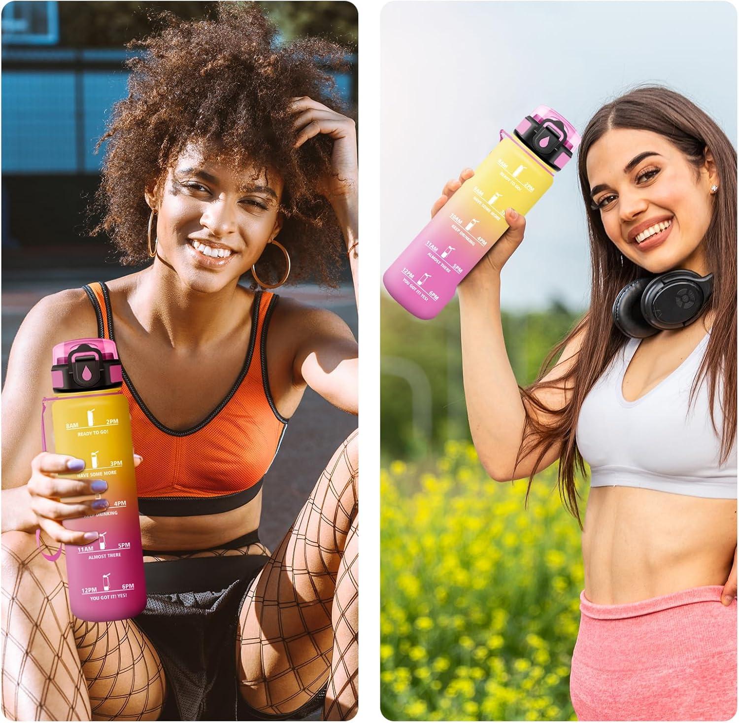 image:imageGourde Motivation 1L Gourde avec Paille sans BPA Bouteille deau de Motivation avec Marqueur de Temps tanche et Rutilisable Bouteille Rutilisable pour lcole Sport Bureau Yoga Camping32oz1000ml Paille Jaune Rose