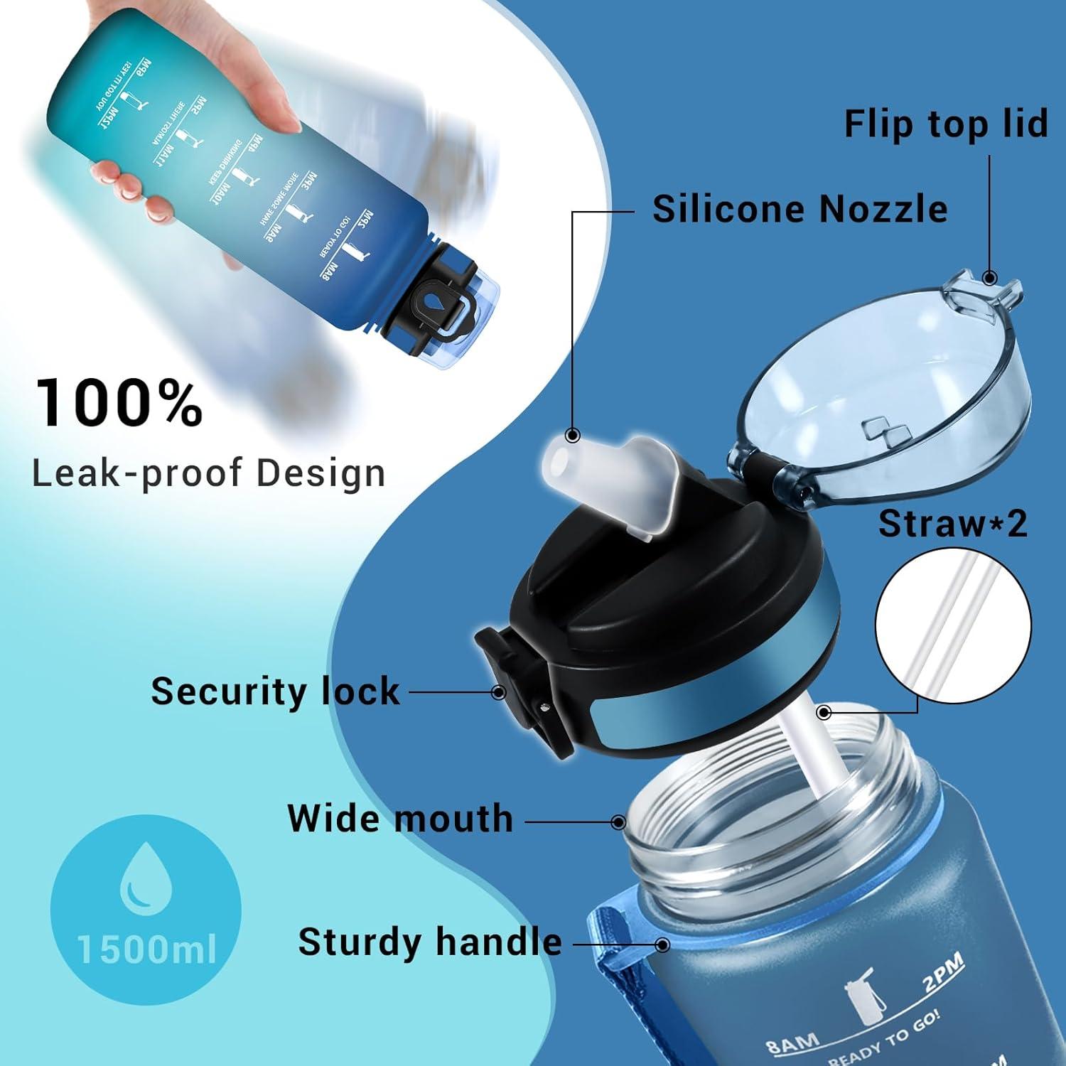 image:imageGourde Motivation 1L Gourde avec Paille sans BPA Bouteille deau de Motivation avec Marqueur de Temps tanche et Rutilisable Bouteille Rutilisable pour lcole Sport Bureau Yoga Camping50oz1500ml Paille Bleu Vert