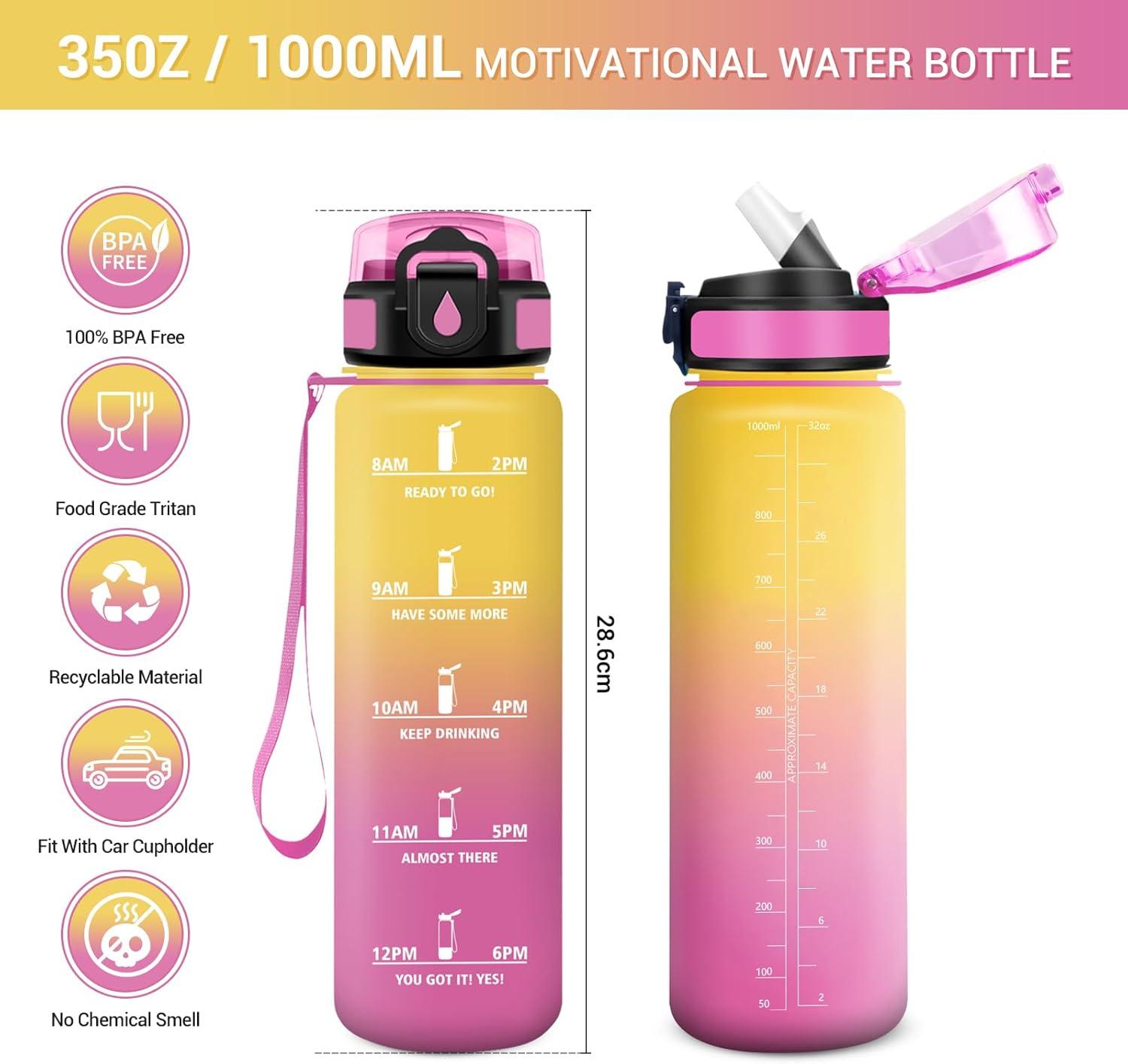 image:imageGourde Motivation 1L Gourde avec Paille sans BPA Bouteille deau de Motivation avec Marqueur de Temps tanche et Rutilisable Bouteille Rutilisable pour lcole Sport Bureau Yoga Camping32oz1000ml Paille Jaune Rose