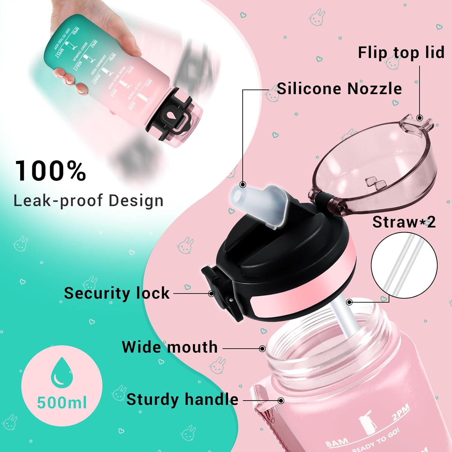 image:imageGourde Motivation 1L Gourde avec Paille sans BPA Bouteille deau de Motivation avec Marqueur de Temps tanche et Rutilisable Bouteille Rutilisable pour lcole Sport Bureau Yoga Camping17oz500ml Paille Rose Cyan