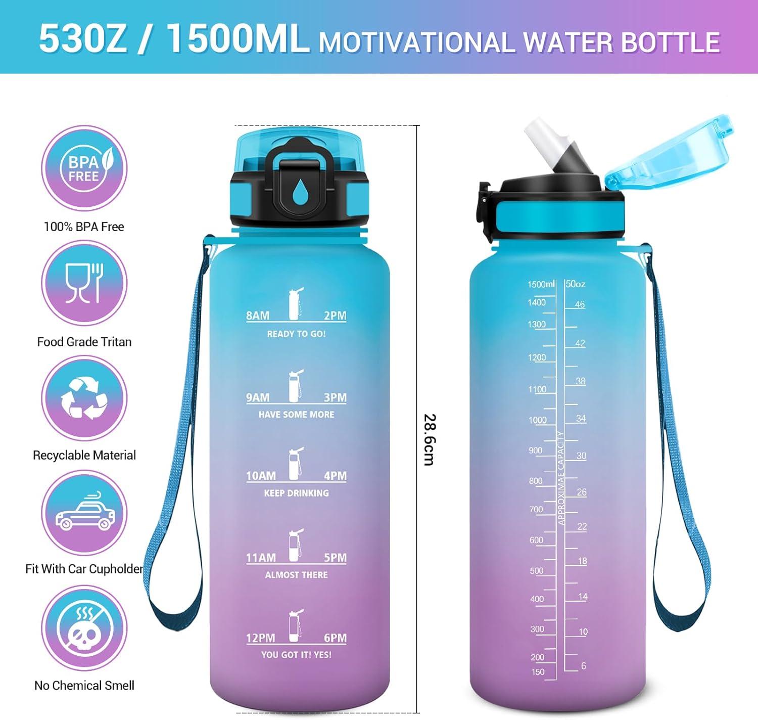 image:imageGourde Motivation 1L Gourde avec Paille sans BPA Bouteille deau de Motivation avec Marqueur de Temps tanche et Rutilisable Bouteille Rutilisable pour lcole Sport Bureau Yoga Camping50oz1500ml Paille Bleu Violet