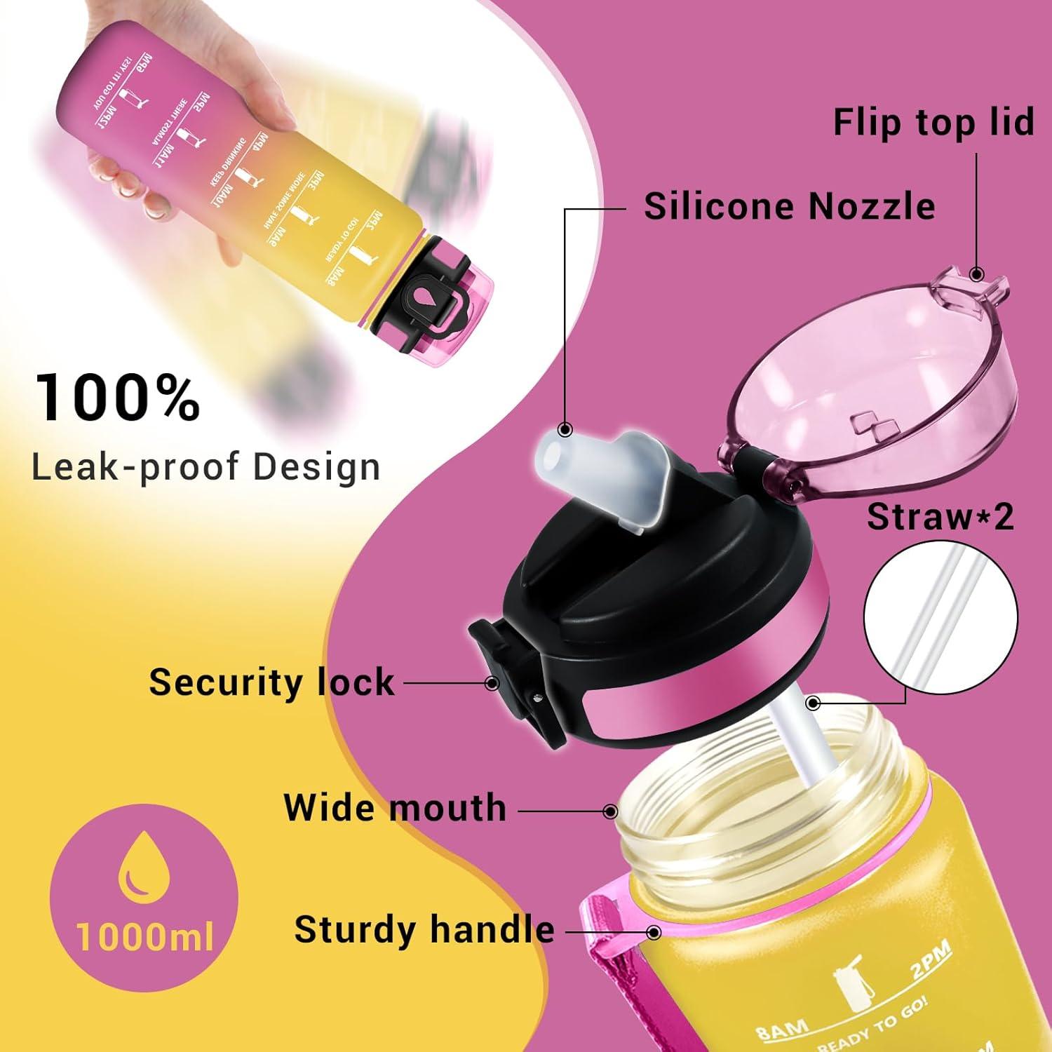 image:imageGourde Motivation 1L Gourde avec Paille sans BPA Bouteille deau de Motivation avec Marqueur de Temps tanche et Rutilisable Bouteille Rutilisable pour lcole Sport Bureau Yoga Camping32oz1000ml Paille Jaune Rose