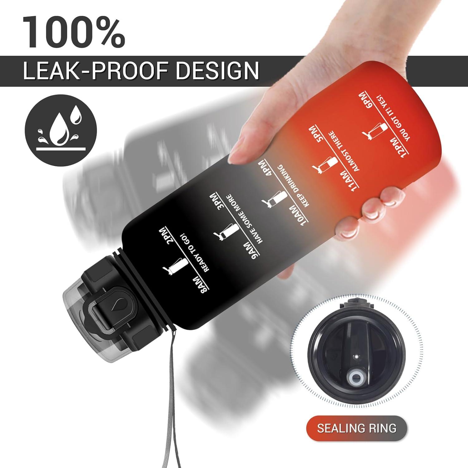 image:imageGourde Motivation 1L Gourde avec Paille sans BPA Bouteille deau de Motivation avec Marqueur de Temps tanche et Rutilisable Bouteille Rutilisable pour lcole Sport Bureau Yoga Camping50oz1500ml Paille Noir Rouge