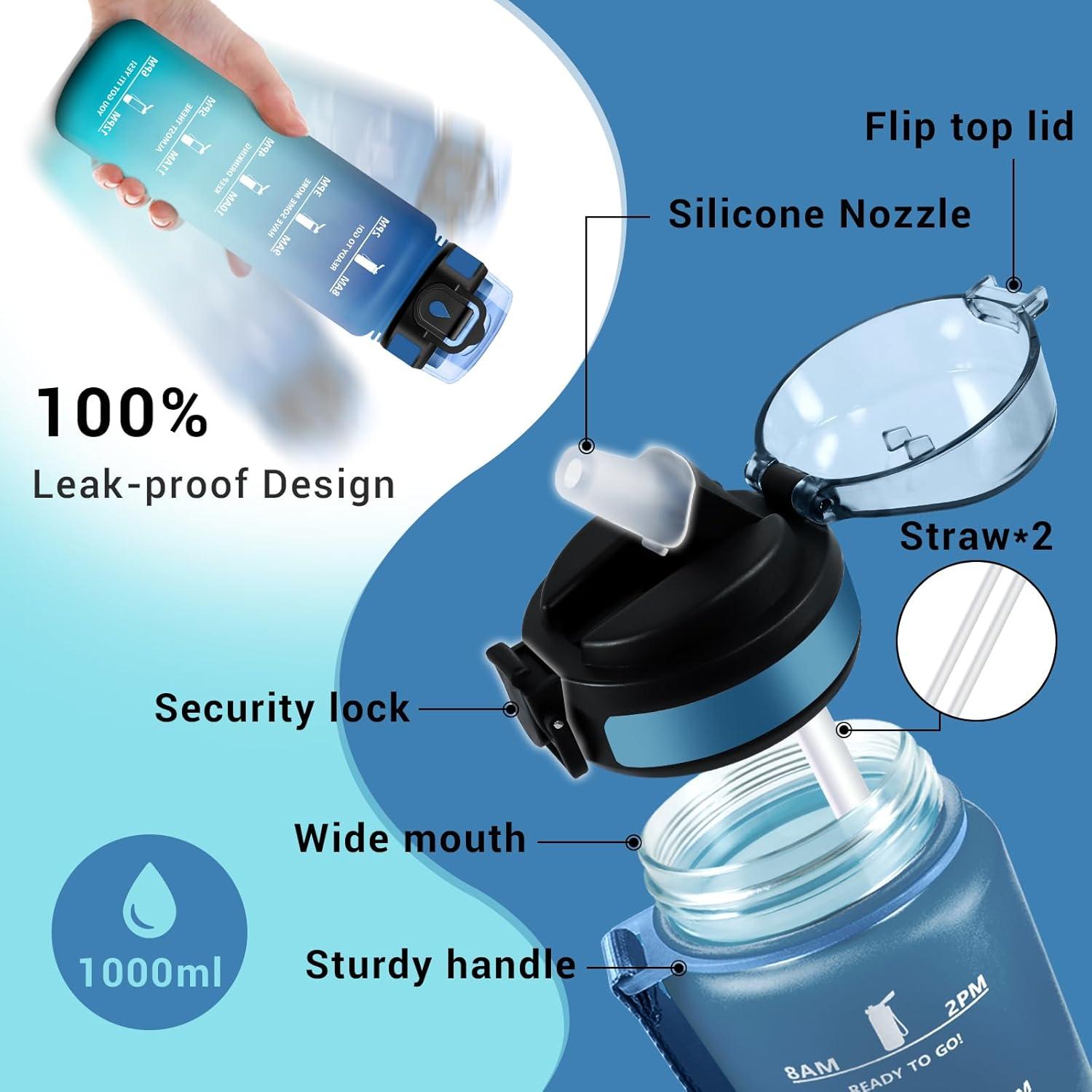 image:imageGourde Motivation 1L Gourde avec Paille sans BPA Bouteille deau de Motivation avec Marqueur de Temps tanche et Rutilisable Bouteille Rutilisable pour lcole Sport Bureau Yoga Camping32oz1000ml Paille Bleu Vert