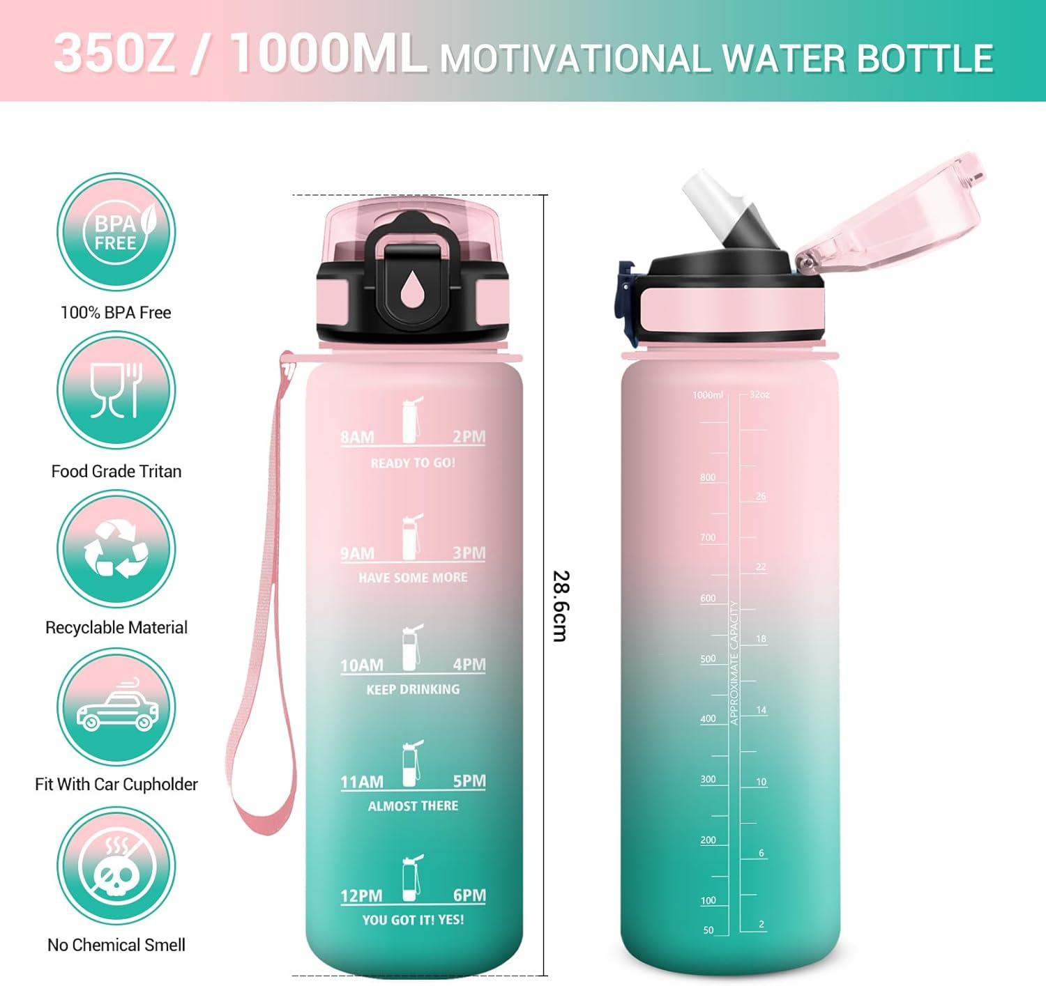 image:imageGourde Motivation 1L Gourde avec Paille sans BPA Bouteille deau de Motivation avec Marqueur de Temps tanche et Rutilisable Bouteille Rutilisable pour lcole Sport Bureau Yoga Camping32oz1000ml Paille Rose Cyan