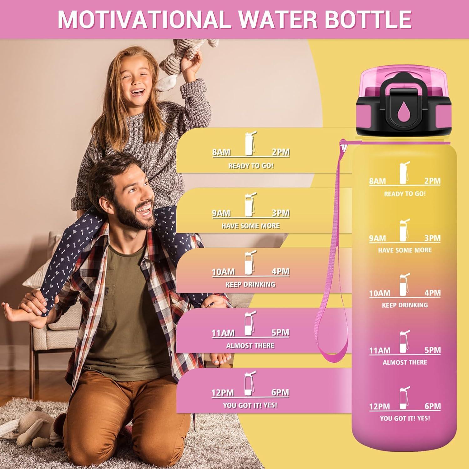 image:imageGourde Motivation 1L Gourde avec Paille sans BPA Bouteille deau de Motivation avec Marqueur de Temps tanche et Rutilisable Bouteille Rutilisable pour lcole Sport Bureau Yoga Camping32oz1000ml Paille Jaune Rose