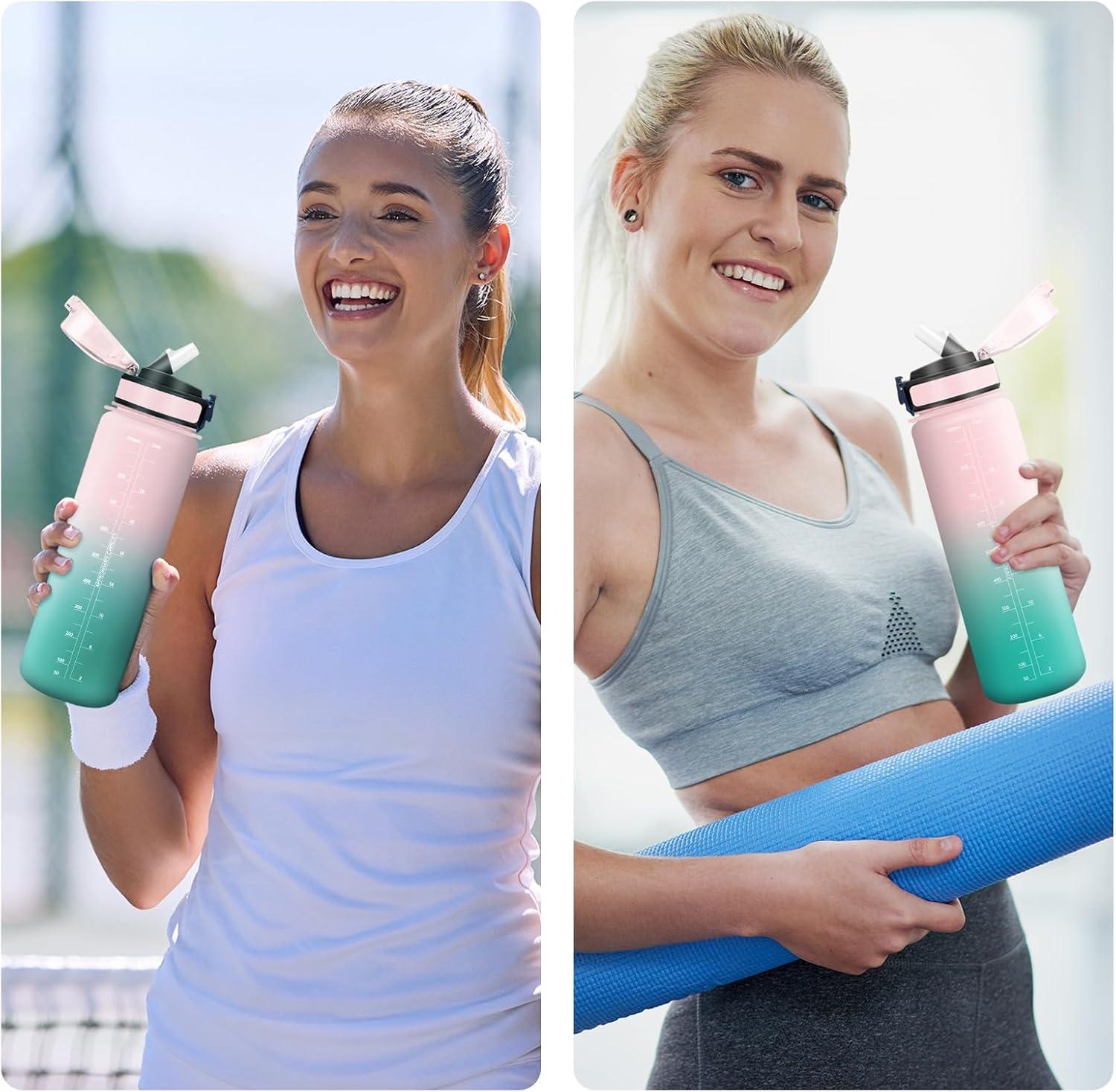 image:imageGourde Motivation 1L Gourde avec Paille sans BPA Bouteille deau de Motivation avec Marqueur de Temps tanche et Rutilisable Bouteille Rutilisable pour lcole Sport Bureau Yoga Camping32oz1000ml Paille Rose Cyan
