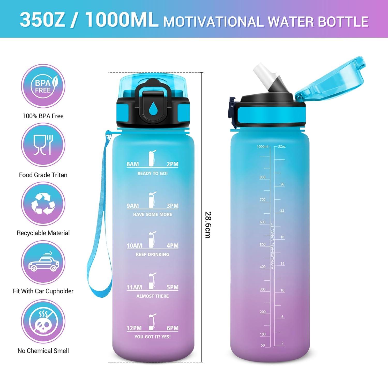 image:imageGourde Motivation 1L Gourde avec Paille sans BPA Bouteille deau de Motivation avec Marqueur de Temps tanche et Rutilisable Bouteille Rutilisable pour lcole Sport Bureau Yoga Camping32oz1000ml Paille Bleu Violet