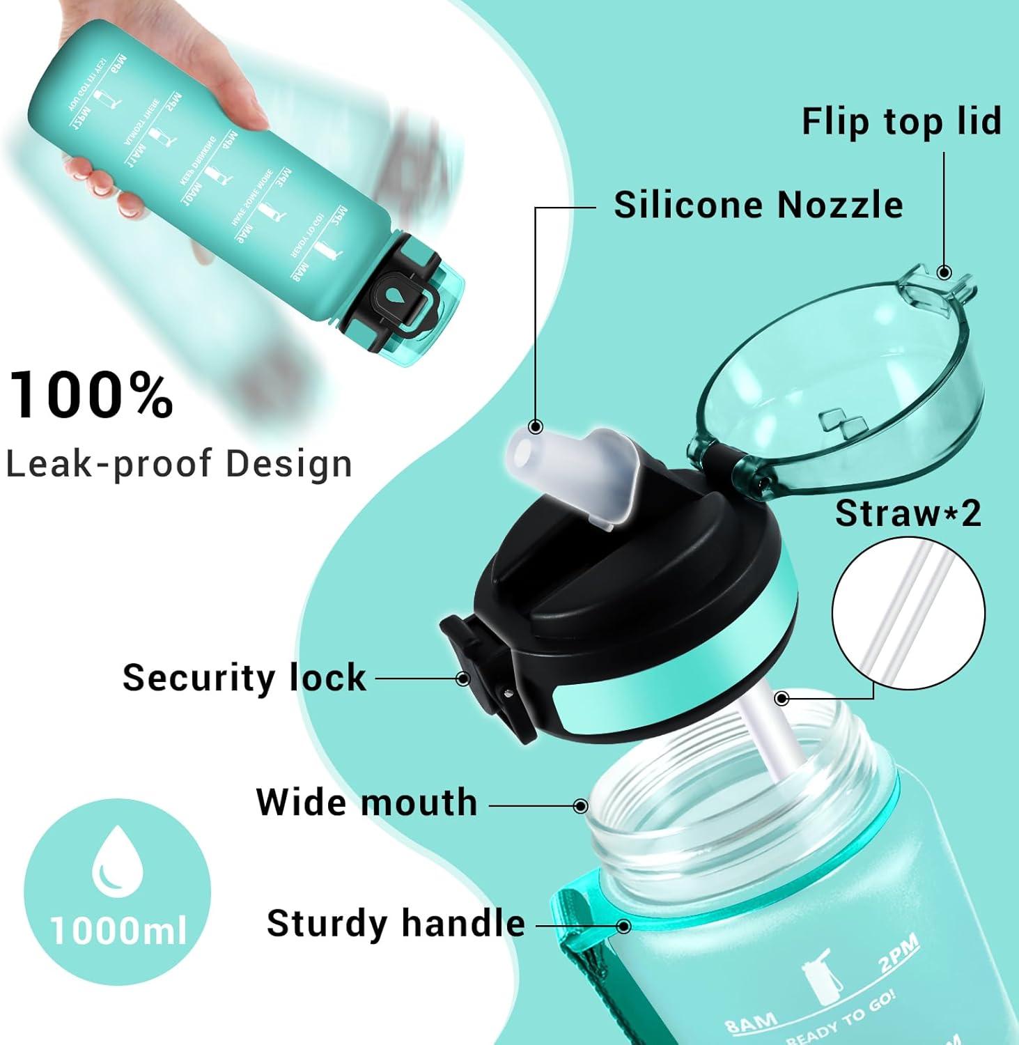 image:imageGourde Motivation 1L Gourde avec Paille sans BPA Bouteille deau de Motivation avec Marqueur de Temps tanche et Rutilisable Bouteille Rutilisable pour lcole Sport Bureau Yoga Camping32oz1000ml Paille Mat Bleuvert
