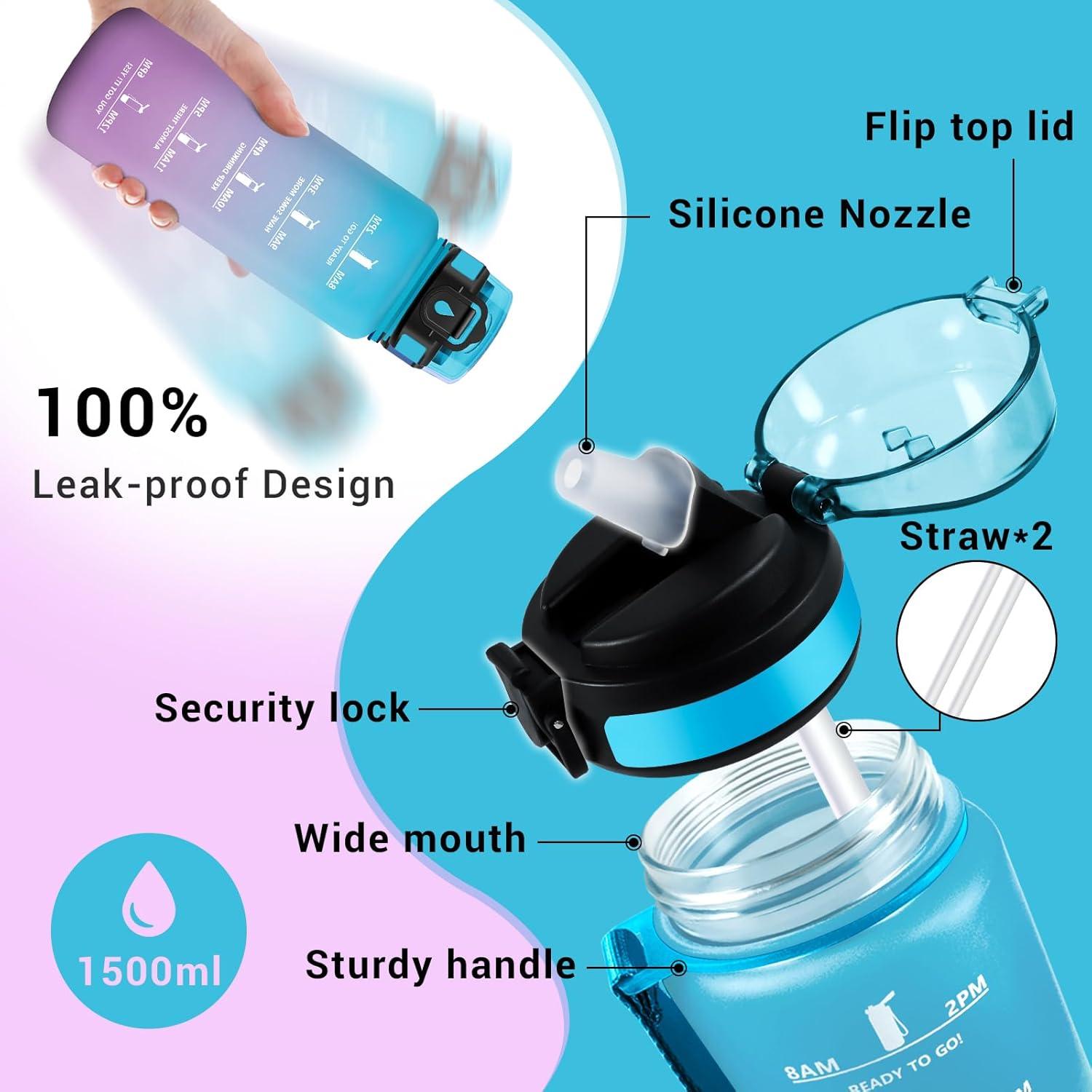 image:imageGourde Motivation 1L Gourde avec Paille sans BPA Bouteille deau de Motivation avec Marqueur de Temps tanche et Rutilisable Bouteille Rutilisable pour lcole Sport Bureau Yoga Camping50oz1500ml Paille Bleu Violet