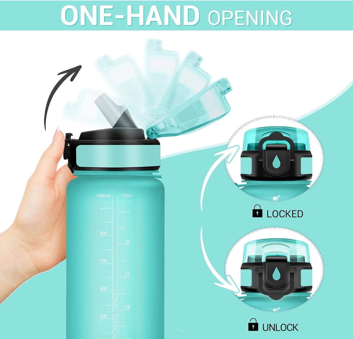 image:imageGourde Motivation 1L Gourde avec Paille sans BPA Bouteille deau de Motivation avec Marqueur de Temps tanche et Rutilisable Bouteille Rutilisable pour lcole Sport Bureau Yoga Camping32oz1000ml Paille Mat Bleuvert
