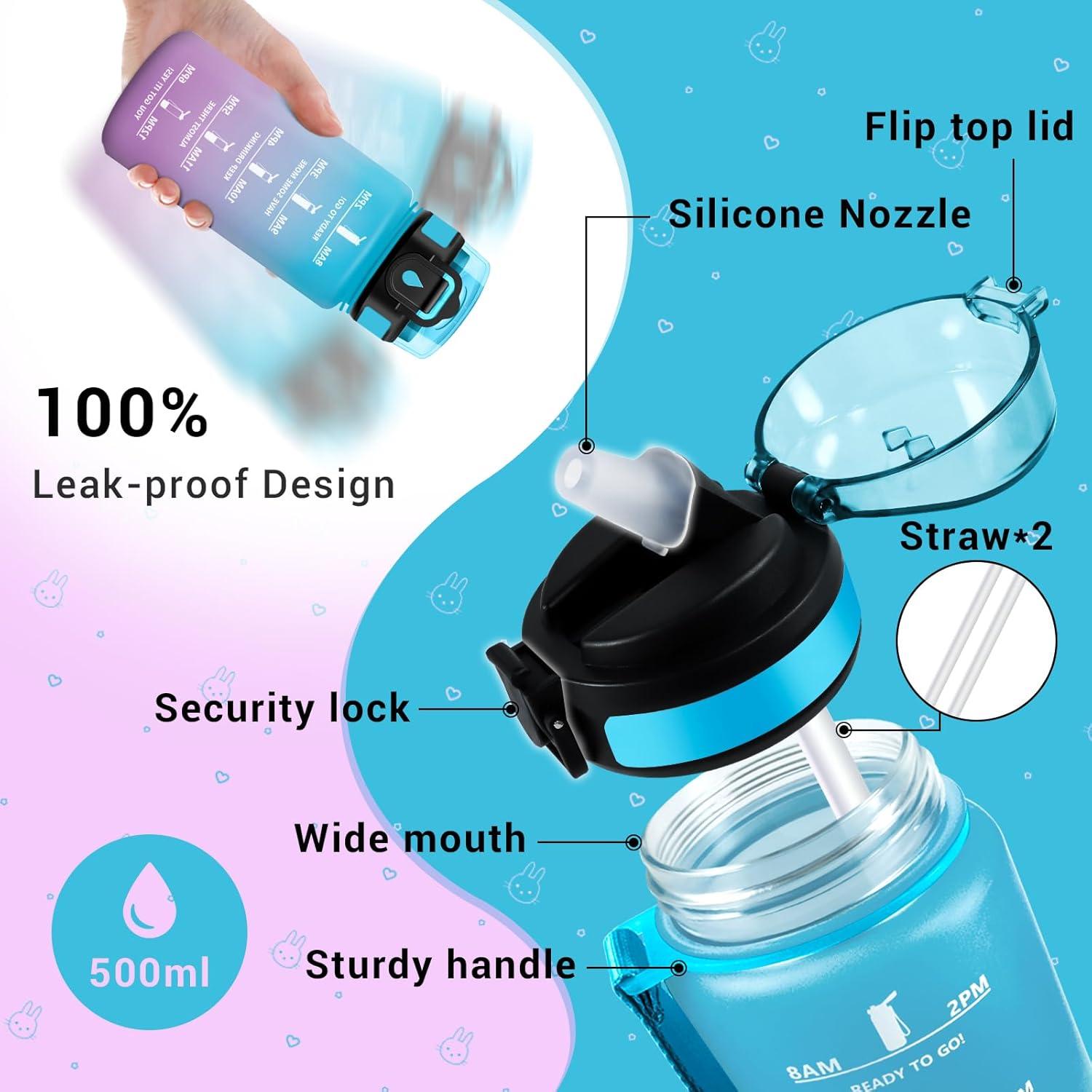 image:imageGourde Motivation 1L Gourde avec Paille sans BPA Bouteille deau de Motivation avec Marqueur de Temps tanche et Rutilisable Bouteille Rutilisable pour lcole Sport Bureau Yoga Camping17oz500ml Paille Bleu Violet