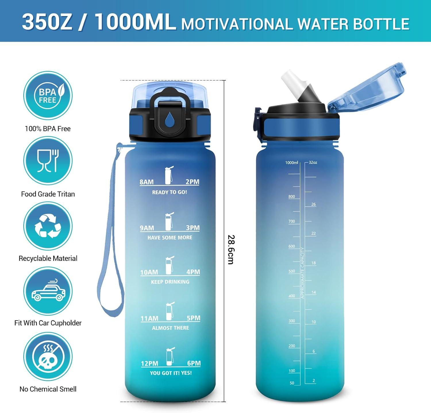 image:imageGourde Motivation 1L Gourde avec Paille sans BPA Bouteille deau de Motivation avec Marqueur de Temps tanche et Rutilisable Bouteille Rutilisable pour lcole Sport Bureau Yoga Camping32oz1000ml Paille Bleu Vert
