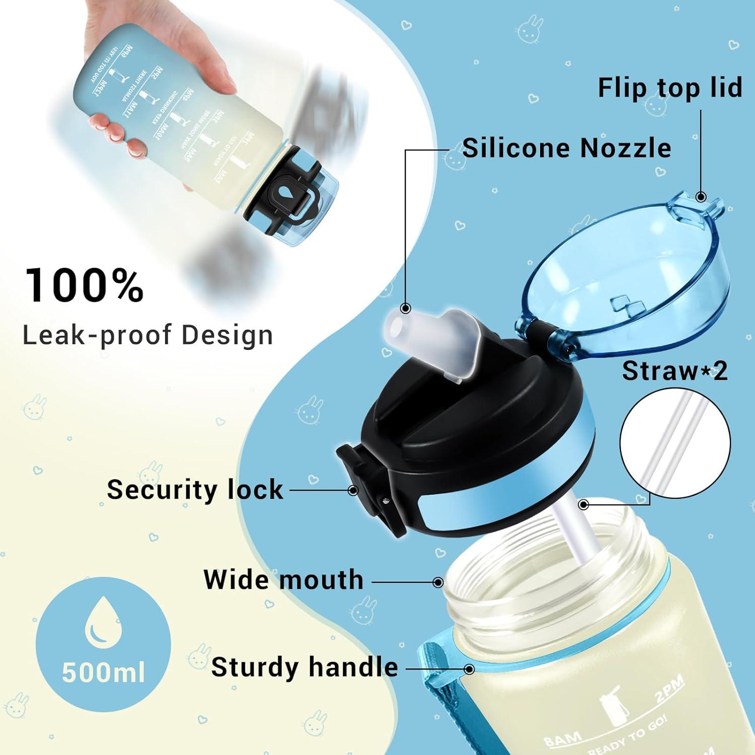 image:imageGourde Motivation 1L Gourde avec Paille sans BPA Bouteille deau de Motivation avec Marqueur de Temps tanche et Rutilisable Bouteille Rutilisable pour lcole Sport Bureau Yoga Camping17oz500ml Paille Blanc Bleu Clair