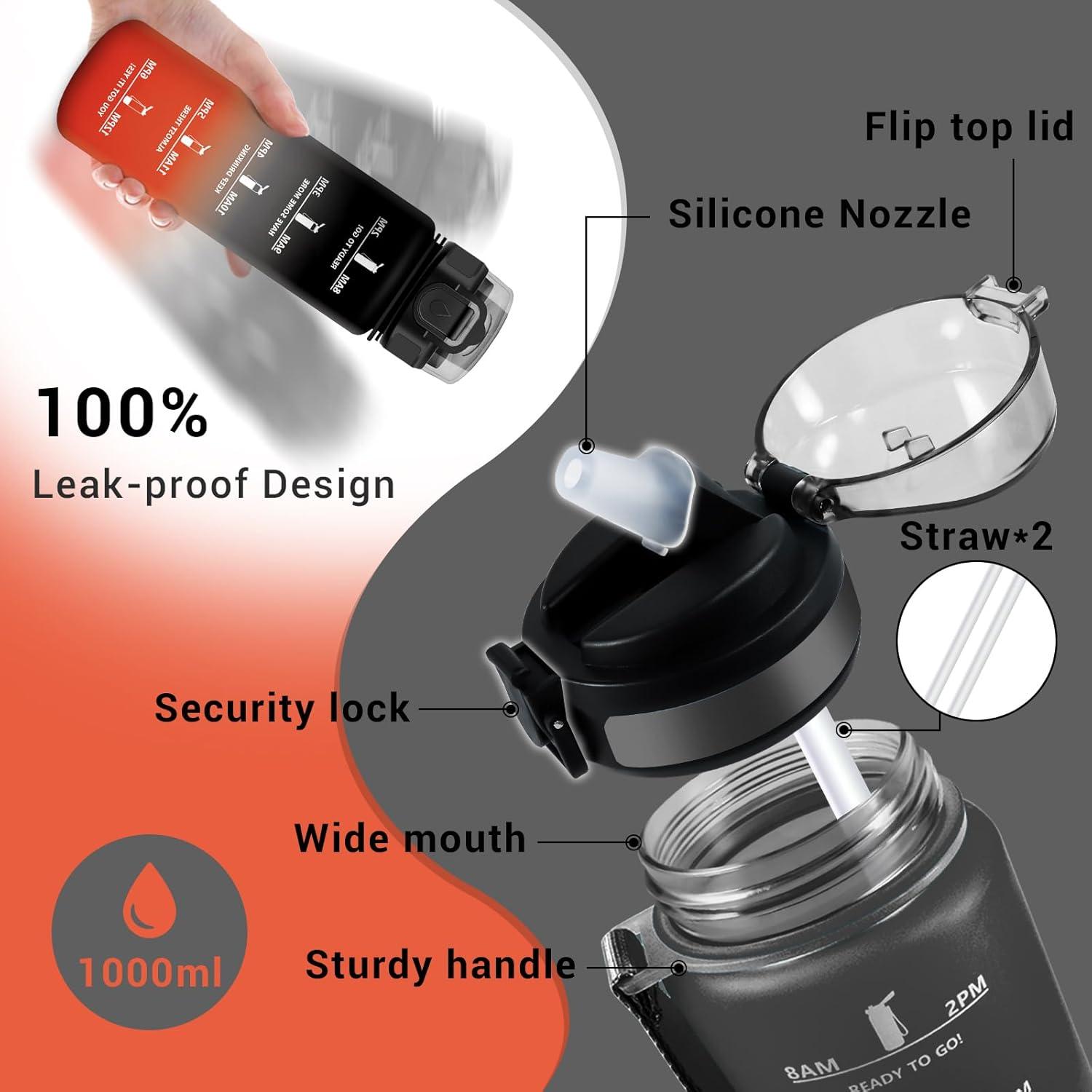 image:imageGourde Motivation 1L Gourde avec Paille sans BPA Bouteille deau de Motivation avec Marqueur de Temps tanche et Rutilisable Bouteille Rutilisable pour lcole Sport Bureau Yoga Camping32oz1000ml Paille Noir Rouge