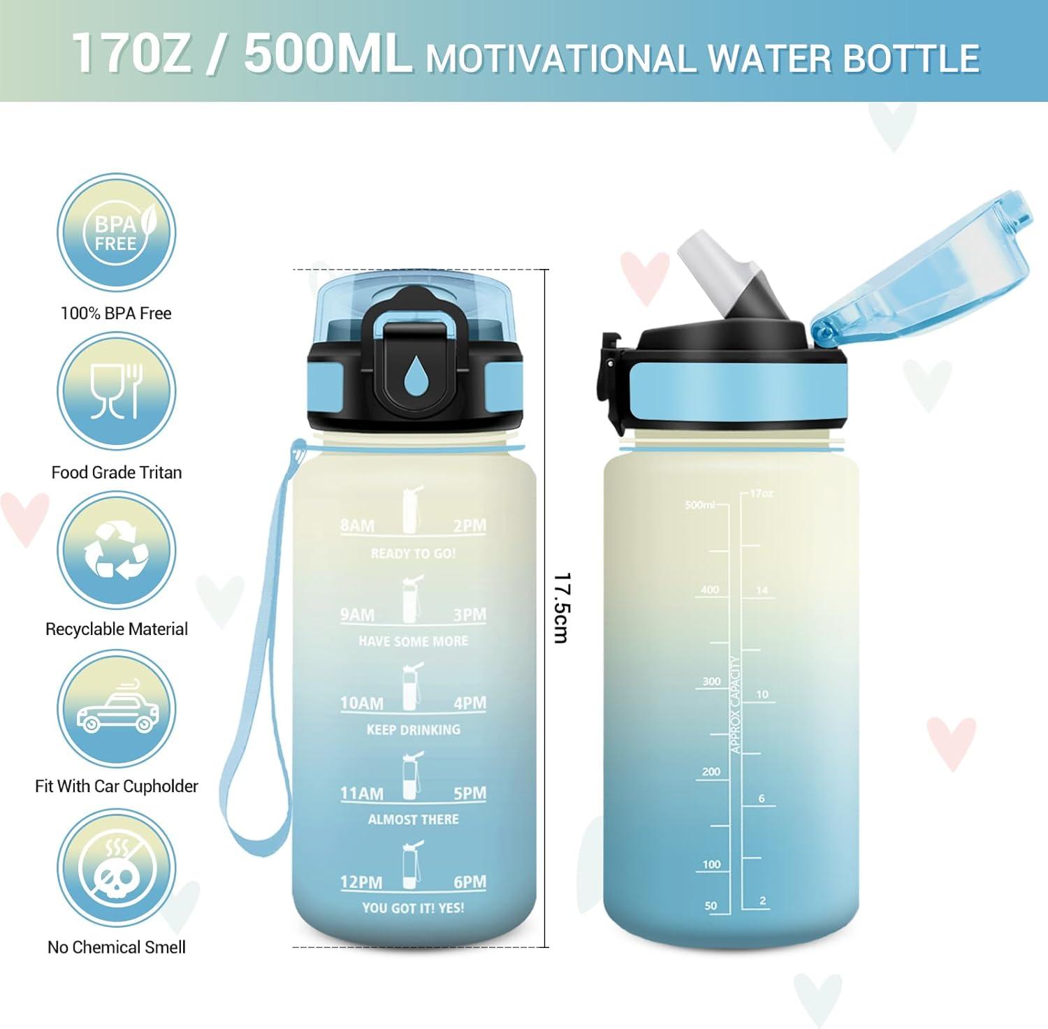 image:imageGourde Motivation 1L Gourde avec Paille sans BPA Bouteille deau de Motivation avec Marqueur de Temps tanche et Rutilisable Bouteille Rutilisable pour lcole Sport Bureau Yoga Camping17oz500ml Paille Blanc Bleu Clair