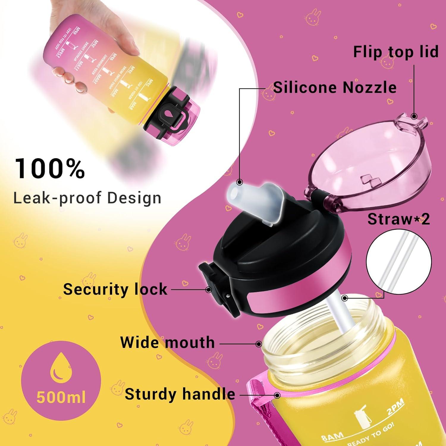 image:imageGourde Motivation 1L Gourde avec Paille sans BPA Bouteille deau de Motivation avec Marqueur de Temps tanche et Rutilisable Bouteille Rutilisable pour lcole Sport Bureau Yoga Camping17oz500ml Paille Jaune Rose