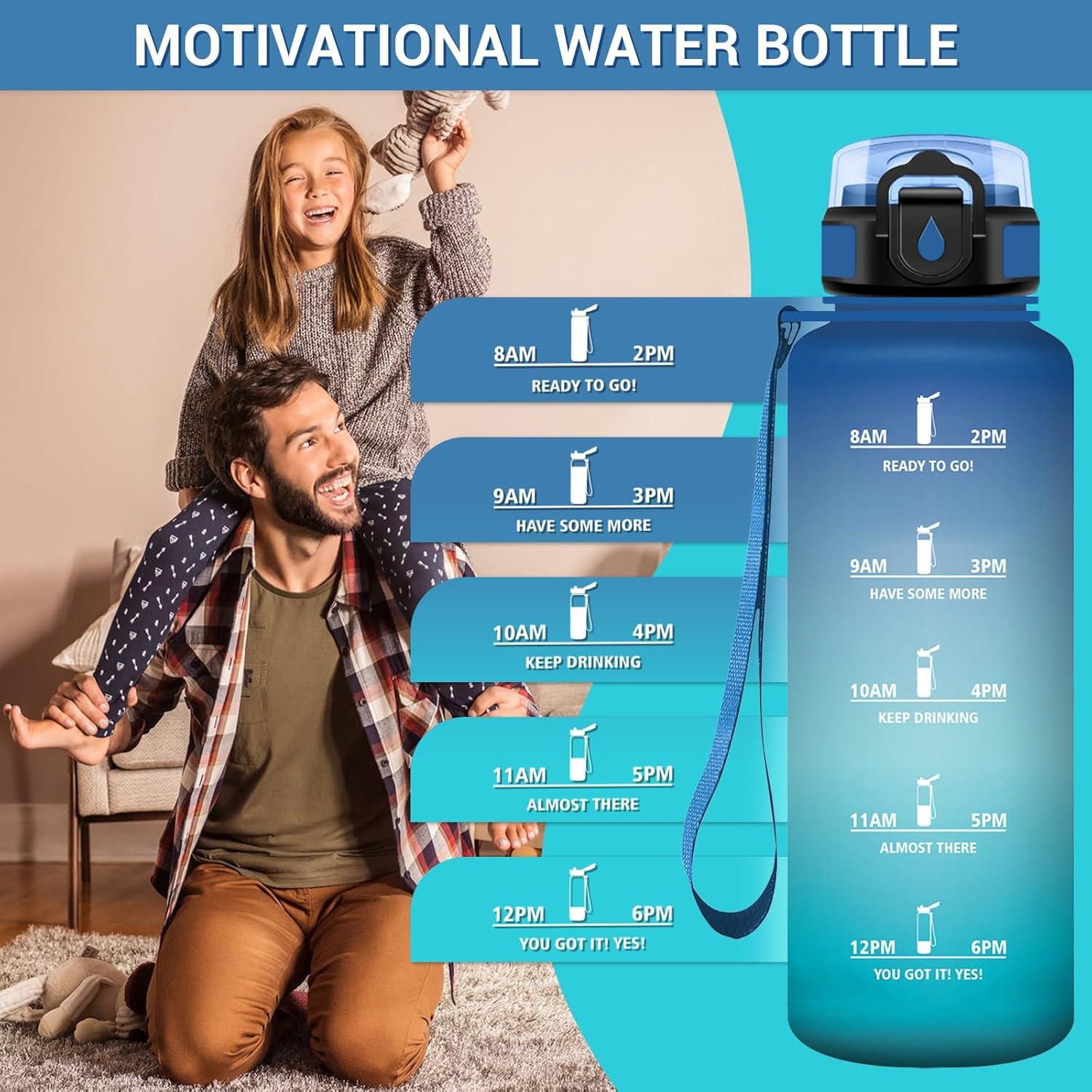 image:imageGourde Motivation 1L Gourde avec Paille sans BPA Bouteille deau de Motivation avec Marqueur de Temps tanche et Rutilisable Bouteille Rutilisable pour lcole Sport Bureau Yoga Camping50oz1500ml Paille Bleu Vert