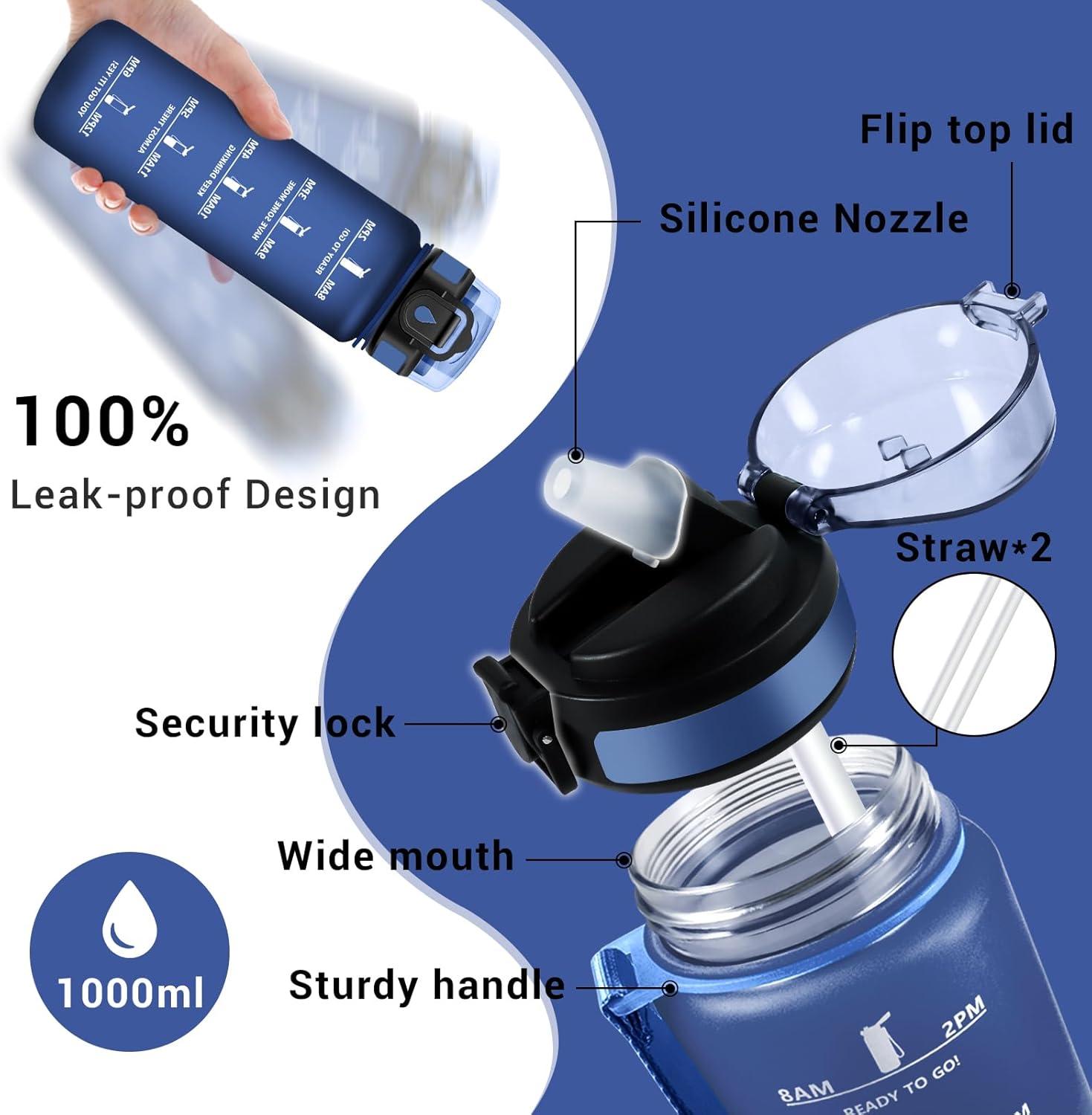 image:imageGourde Motivation 1L Gourde avec Paille sans BPA Bouteille deau de Motivation avec Marqueur de Temps tanche et Rutilisable Bouteille Rutilisable pour lcole Sport Bureau Yoga Camping32oz1000ml Paille Mat Bleu Marine