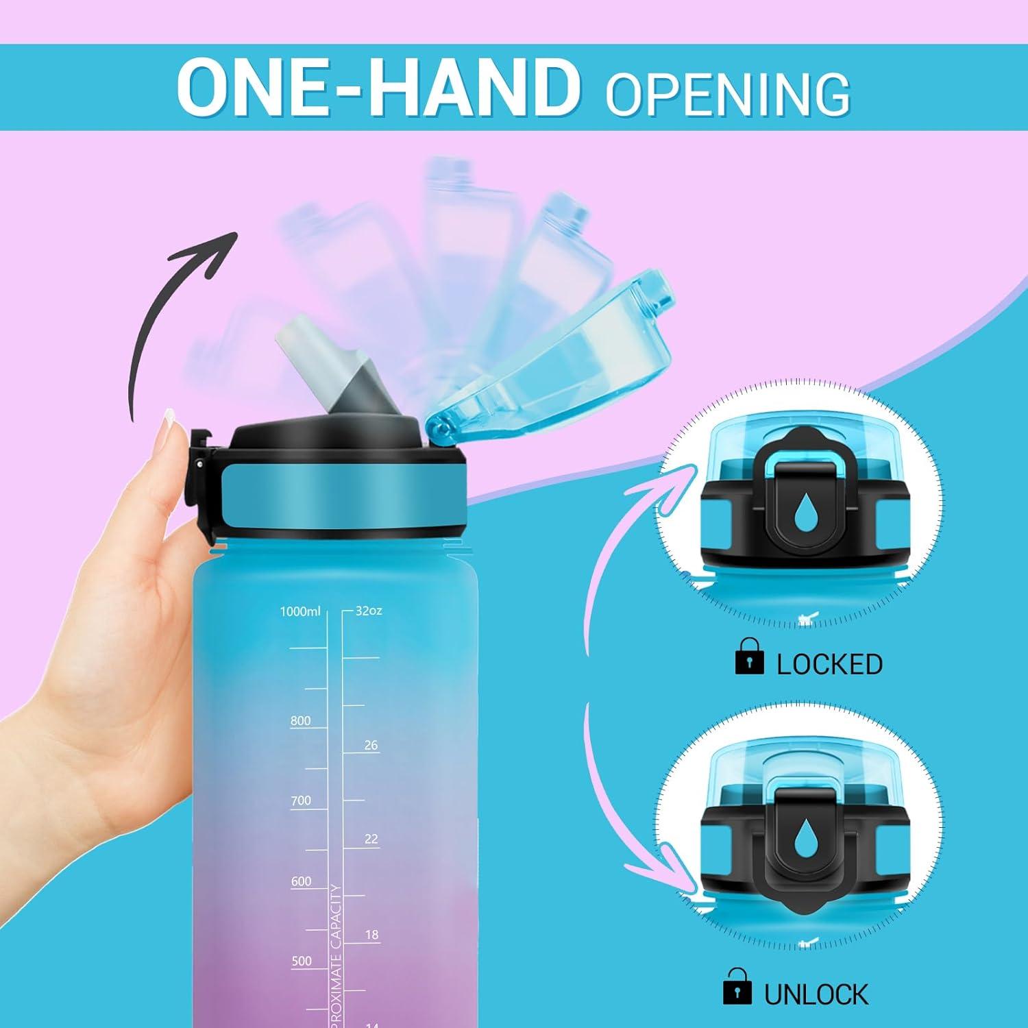 image:imageGourde Motivation 1L Gourde avec Paille sans BPA Bouteille deau de Motivation avec Marqueur de Temps tanche et Rutilisable Bouteille Rutilisable pour lcole Sport Bureau Yoga Camping32oz1000ml Paille Bleu Violet