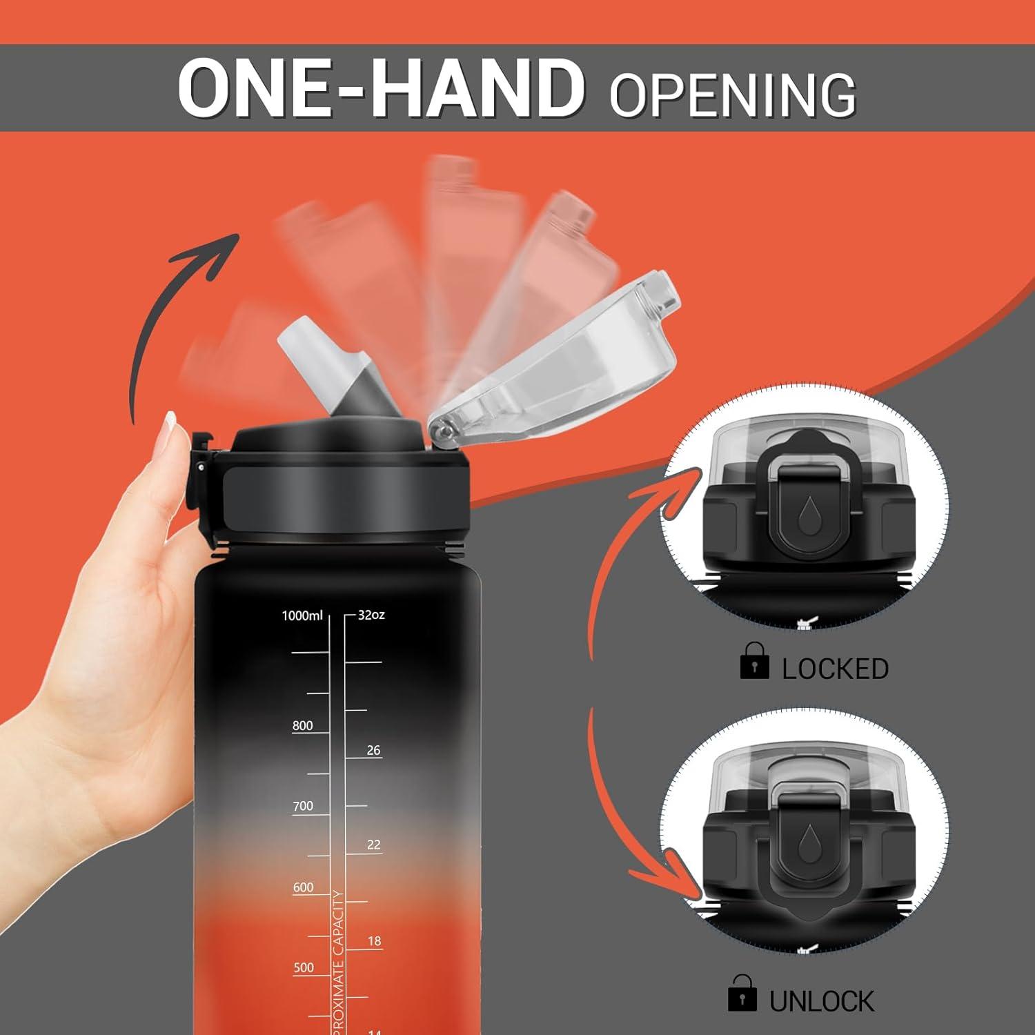 image:imageGourde Motivation 1L Gourde avec Paille sans BPA Bouteille deau de Motivation avec Marqueur de Temps tanche et Rutilisable Bouteille Rutilisable pour lcole Sport Bureau Yoga Camping32oz1000ml Paille Noir Rouge