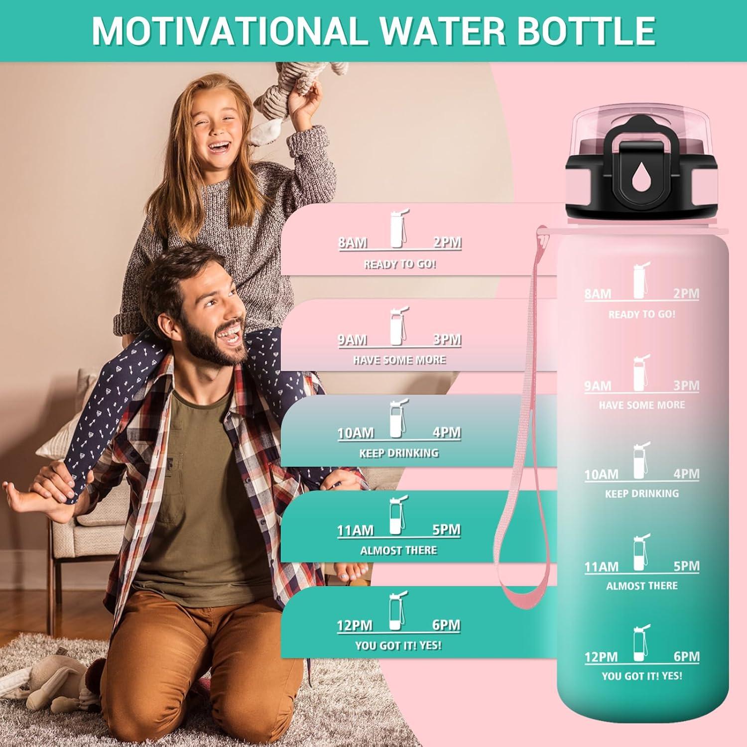 image:imageGourde Motivation 1L Gourde avec Paille sans BPA Bouteille deau de Motivation avec Marqueur de Temps tanche et Rutilisable Bouteille Rutilisable pour lcole Sport Bureau Yoga Camping32oz1000ml Paille Rose Cyan