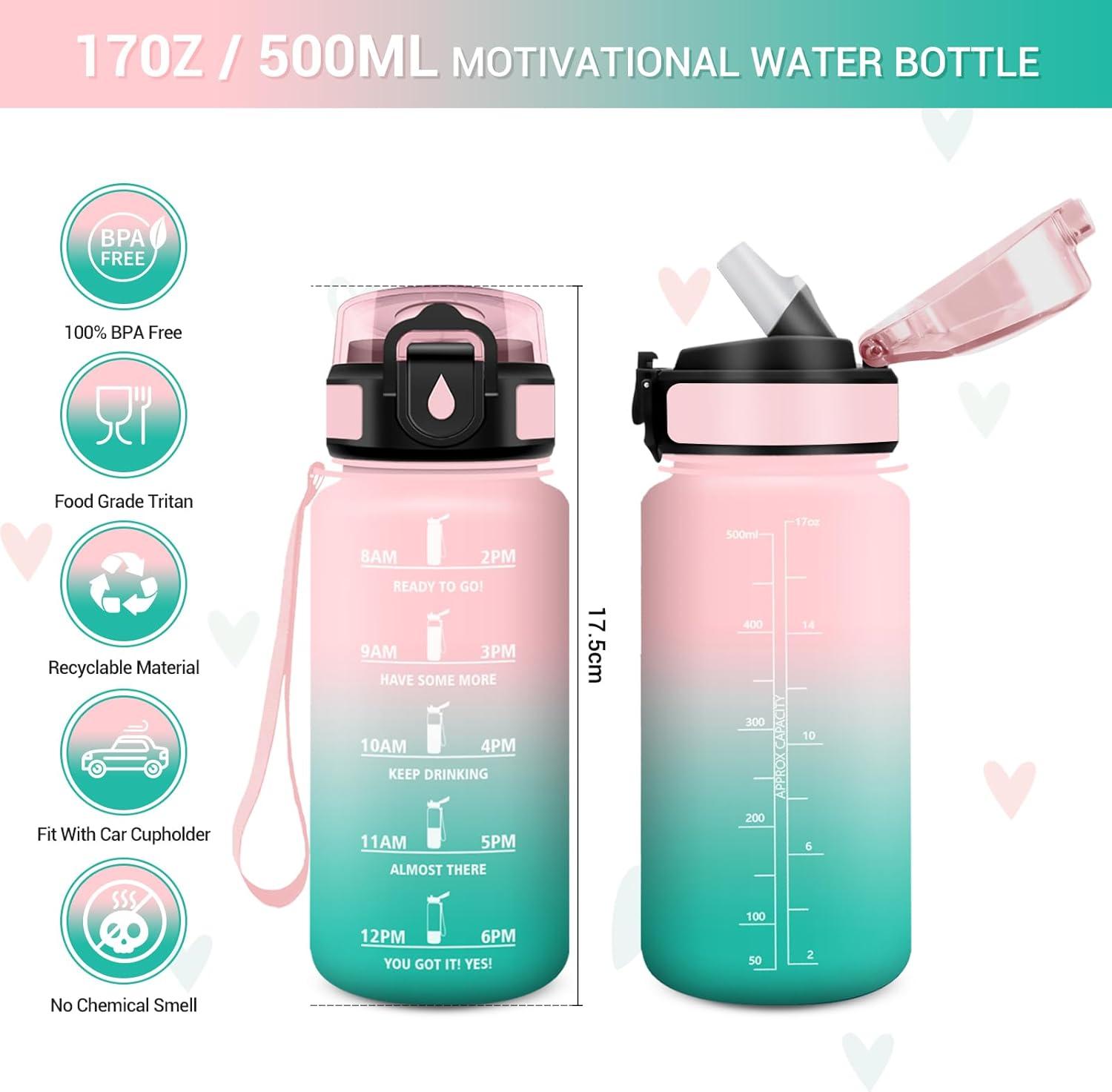 image:imageGourde Motivation 1L Gourde avec Paille sans BPA Bouteille deau de Motivation avec Marqueur de Temps tanche et Rutilisable Bouteille Rutilisable pour lcole Sport Bureau Yoga Camping17oz500ml Paille Rose Cyan