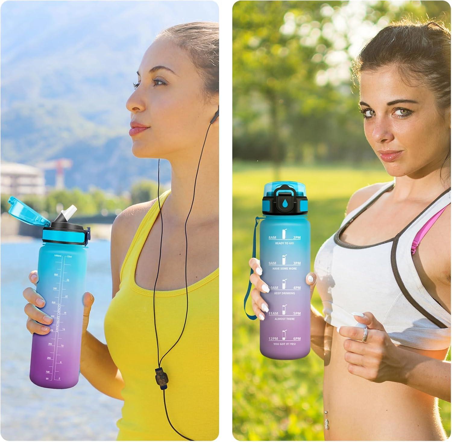 image:imageGourde Motivation 1L Gourde avec Paille sans BPA Bouteille deau de Motivation avec Marqueur de Temps tanche et Rutilisable Bouteille Rutilisable pour lcole Sport Bureau Yoga Camping32oz1000ml Paille Bleu Violet