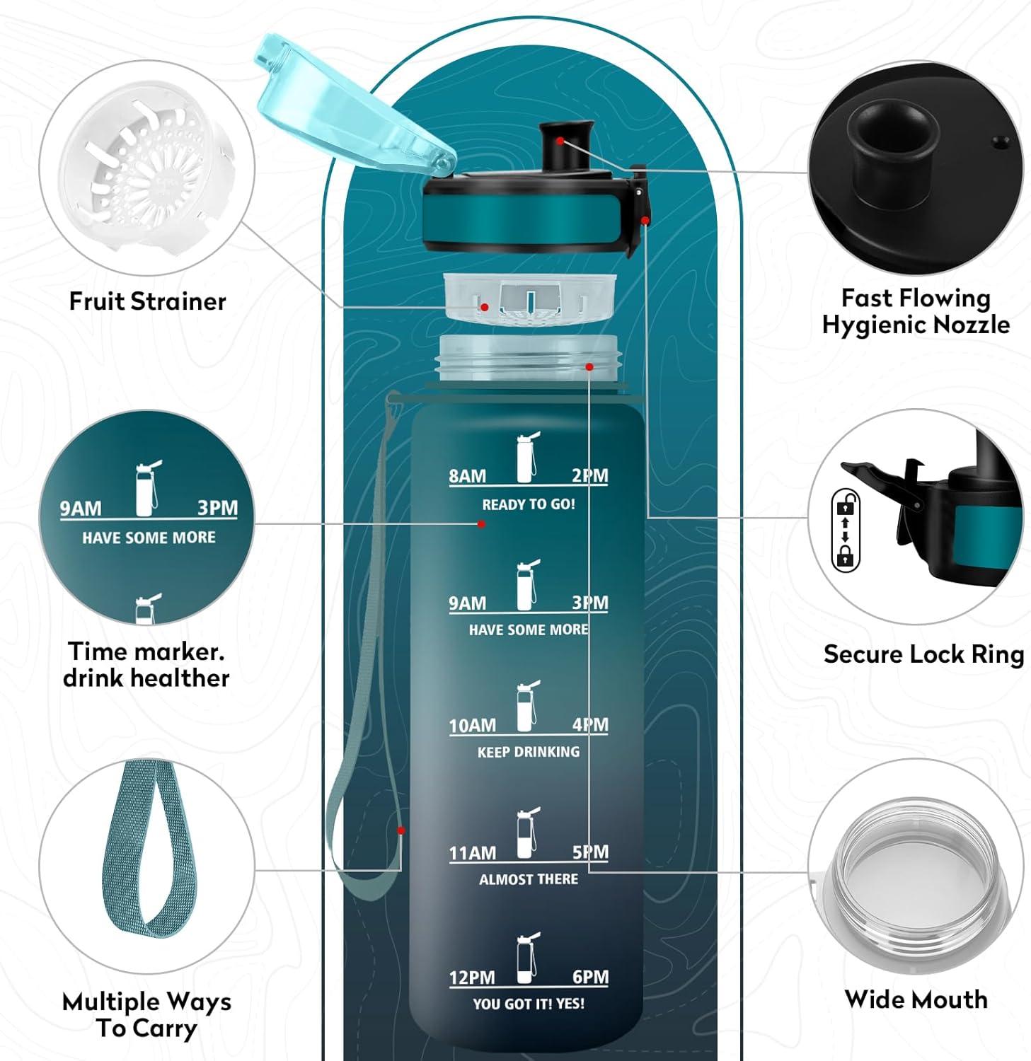 image:imageKollyKolla Gourde 1L Bouteille Motivation tanche avec Filtre sans BPA Bouteille Sport avec Marqueur de Temps Gourde Rutilisable pour Adulte lcole Sport Bureau Yoga Camping1000ml Vert Fonc Gris