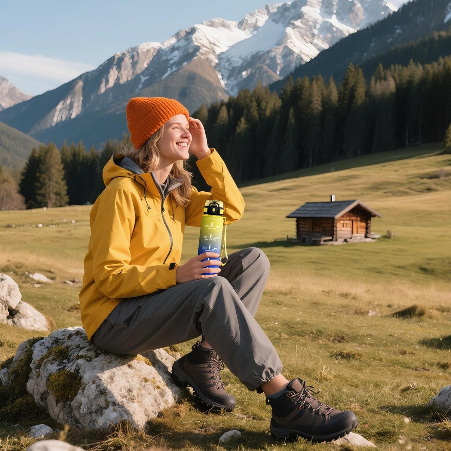 image:imageKollyKolla Gourde 1L Bouteille Motivation tanche avec Filtre sans BPA Bouteille Sport avec Marqueur de Temps Gourde Rutilisable pour Adulte lcole Sport Bureau Yoga Camping1000ml Jaune Bleu Roi
