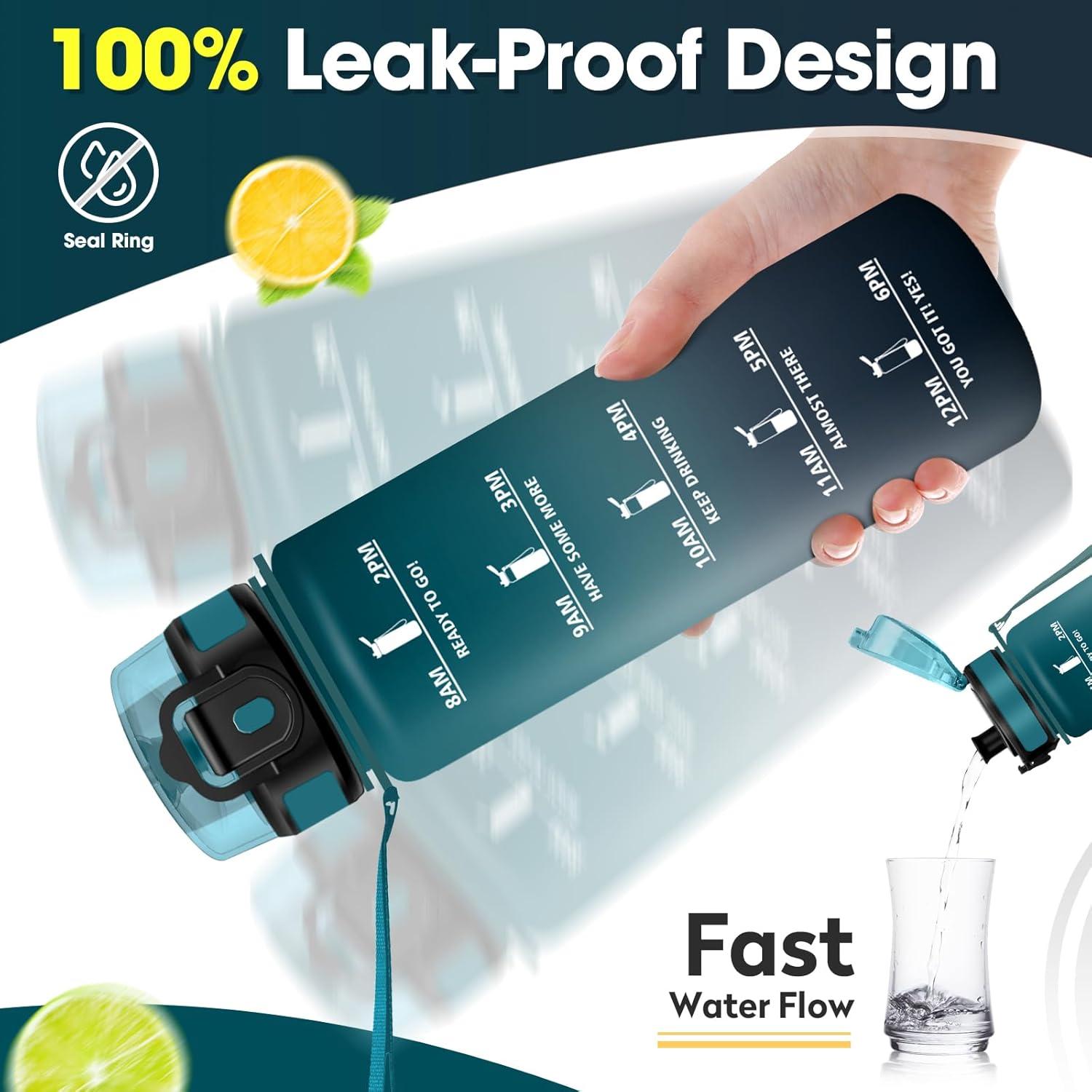 image:imageKollyKolla Gourde 1L Bouteille Motivation tanche avec Filtre sans BPA Bouteille Sport avec Marqueur de Temps Gourde Rutilisable pour Adulte lcole Sport Bureau Yoga Camping1000ml Vert Fonc Gris