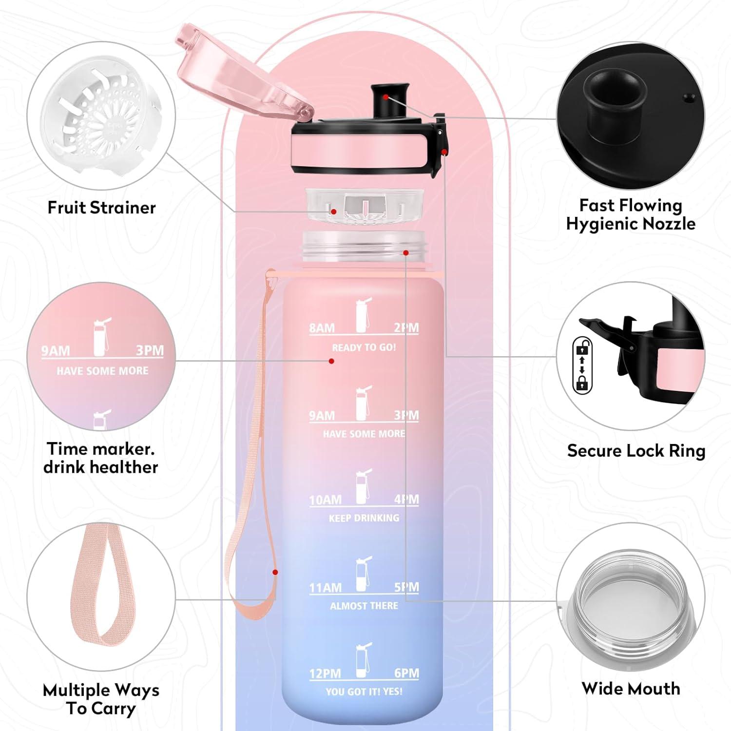 image:imageKollyKolla Gourde 1L Bouteille Motivation tanche avec Filtre sans BPA Bouteille Sport avec Marqueur de Temps Gourde Rutilisable pour Adulte lcole Sport Bureau Yoga Camping500ml Rose Bleu Ciel