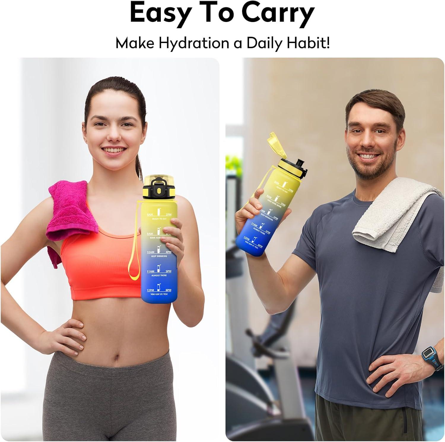 image:imageKollyKolla Gourde 1L Bouteille Motivation tanche avec Filtre sans BPA Bouteille Sport avec Marqueur de Temps Gourde Rutilisable pour Adulte lcole Sport Bureau Yoga Camping1000ml Jaune Bleu Roi