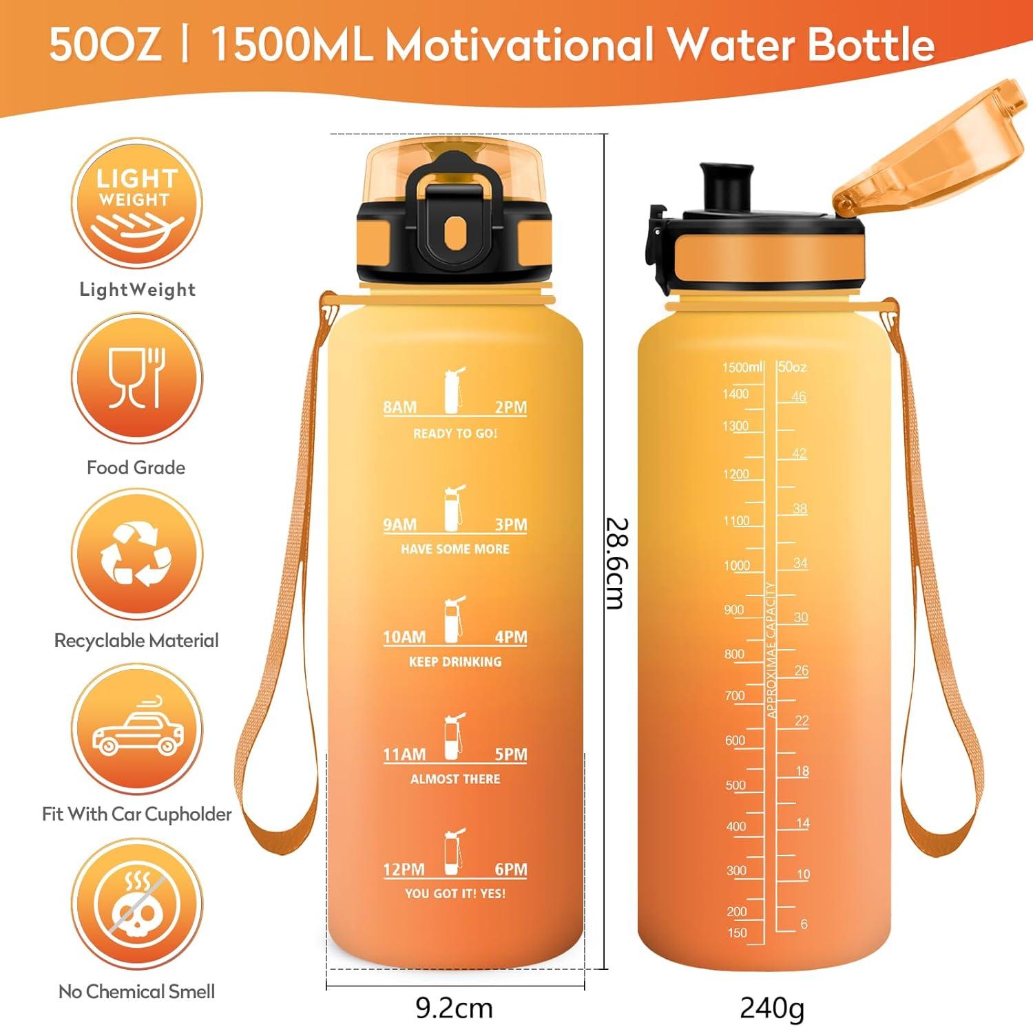 image:imageKollyKolla Gourde 1L Bouteille Motivation tanche avec Filtre sans BPA Bouteille Sport avec Marqueur de Temps Gourde Rutilisable pour Adulte lcole Sport Bureau Yoga Camping1500ml Jaune Ambre Orange