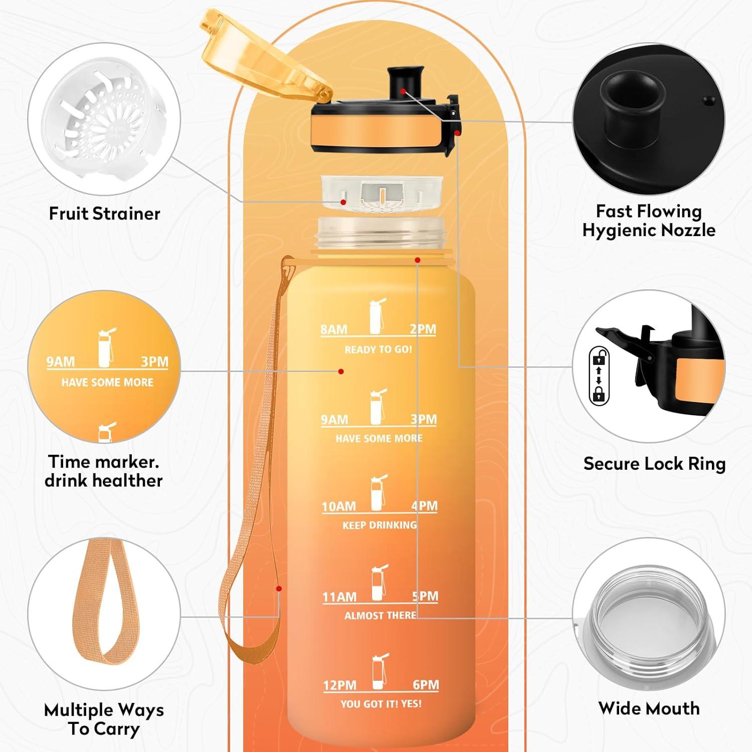image:imageKollyKolla Gourde 1L Bouteille Motivation tanche avec Filtre sans BPA Bouteille Sport avec Marqueur de Temps Gourde Rutilisable pour Adulte lcole Sport Bureau Yoga Camping1500ml Jaune Ambre Orange