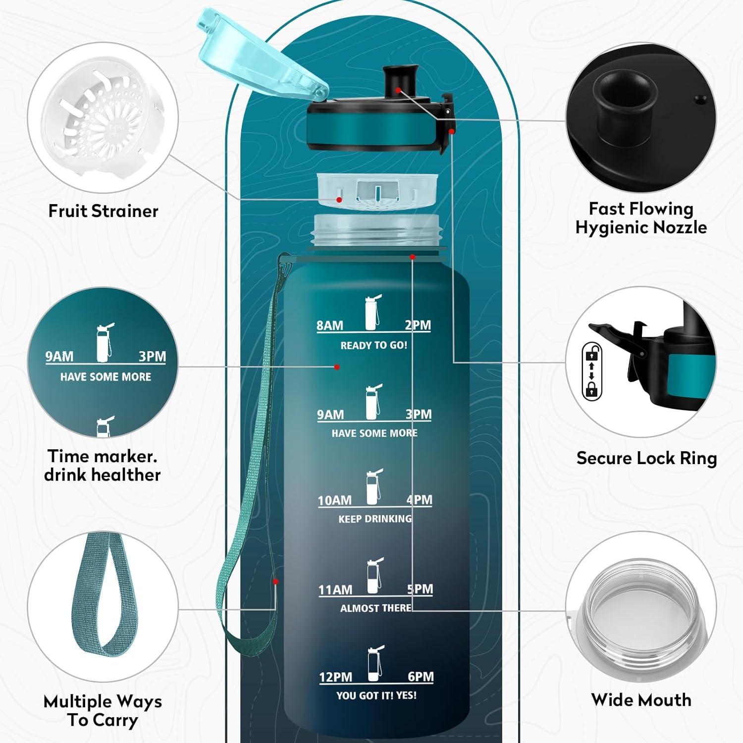 image:imageKollyKolla Gourde 1L Bouteille Motivation tanche avec Filtre sans BPA Bouteille Sport avec Marqueur de Temps Gourde Rutilisable pour Adulte lcole Sport Bureau Yoga Camping1500ml Vert Fonc Gris