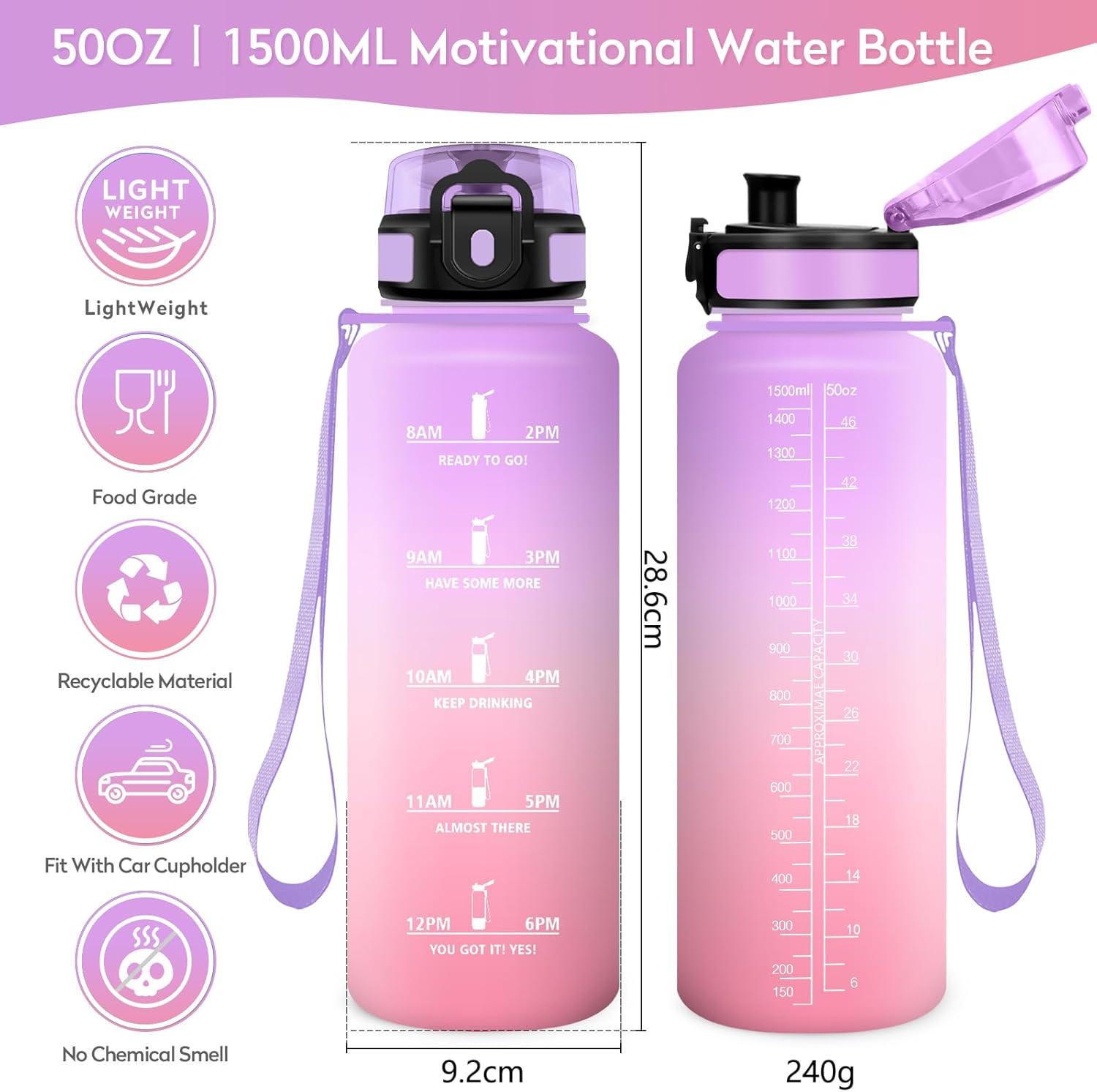 image:imageKollyKolla Gourde 1L Bouteille Motivation tanche avec Filtre sans BPA Bouteille Sport avec Marqueur de Temps Gourde Rutilisable pour Adulte lcole Sport Bureau Yoga Camping1500ml Violet Clair Rose Clair
