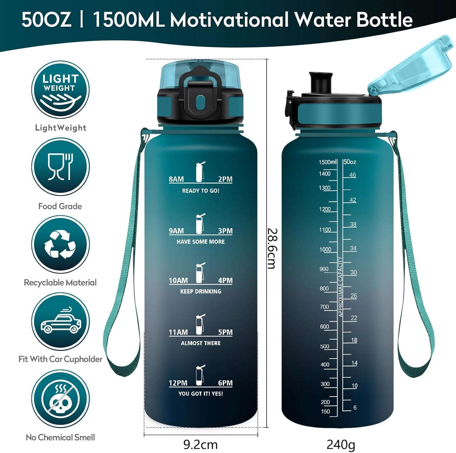 image:imageKollyKolla Gourde 1L Bouteille Motivation tanche avec Filtre sans BPA Bouteille Sport avec Marqueur de Temps Gourde Rutilisable pour Adulte lcole Sport Bureau Yoga Camping1500ml Vert Fonc Gris