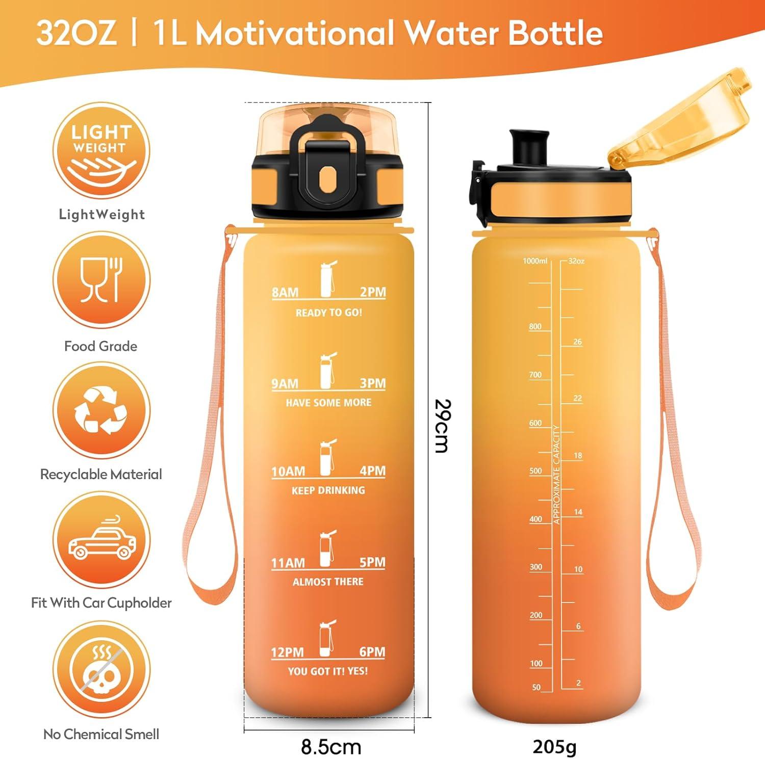 image:imageKollyKolla Gourde 1L Bouteille Motivation tanche avec Filtre sans BPA Bouteille Sport avec Marqueur de Temps Gourde Rutilisable pour Adulte lcole Sport Bureau Yoga Camping1000ml Jaune Ambre Orange