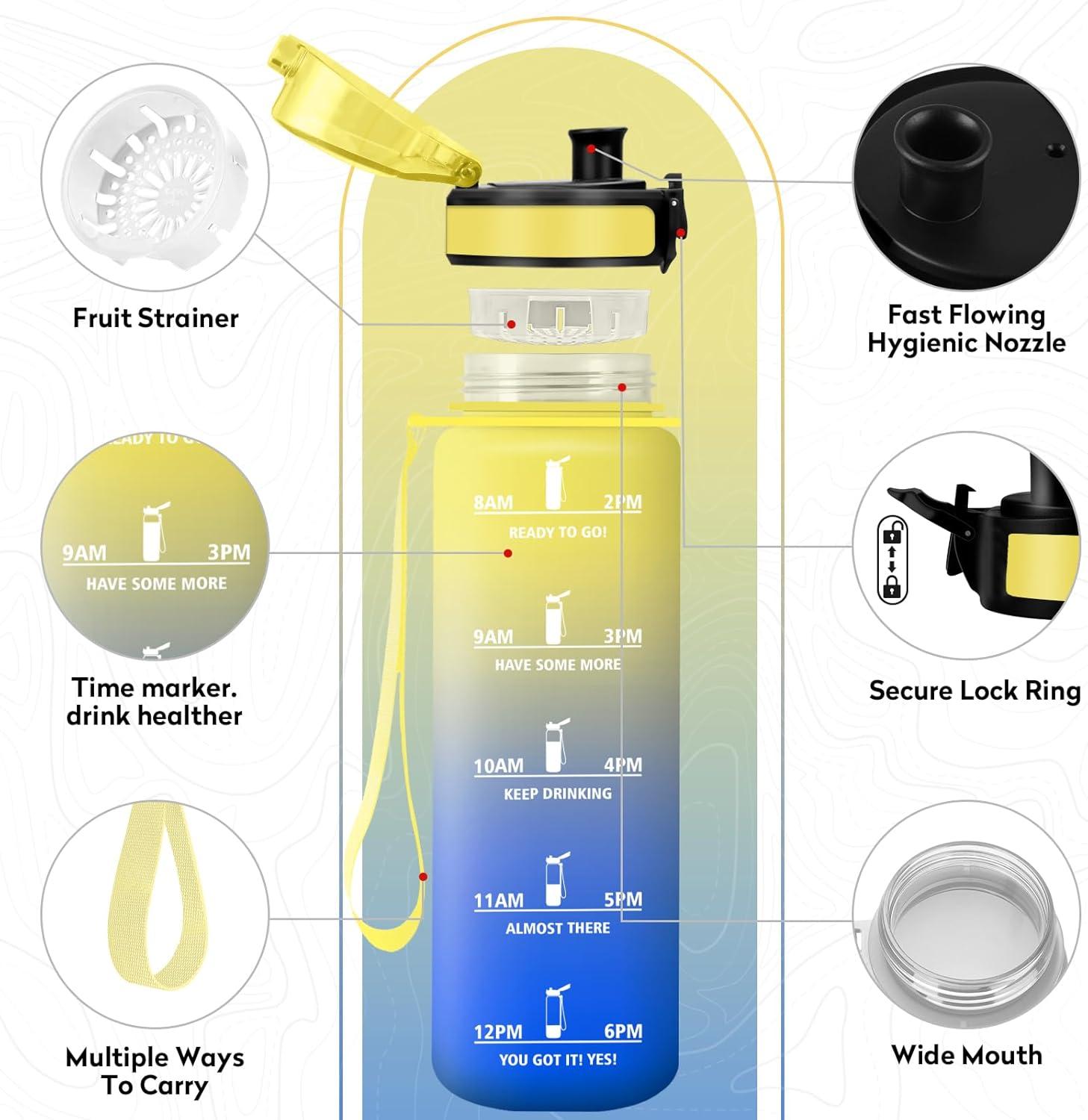 image:imageKollyKolla Gourde 1L Bouteille Motivation tanche avec Filtre sans BPA Bouteille Sport avec Marqueur de Temps Gourde Rutilisable pour Adulte lcole Sport Bureau Yoga Camping1000ml Jaune Bleu Roi