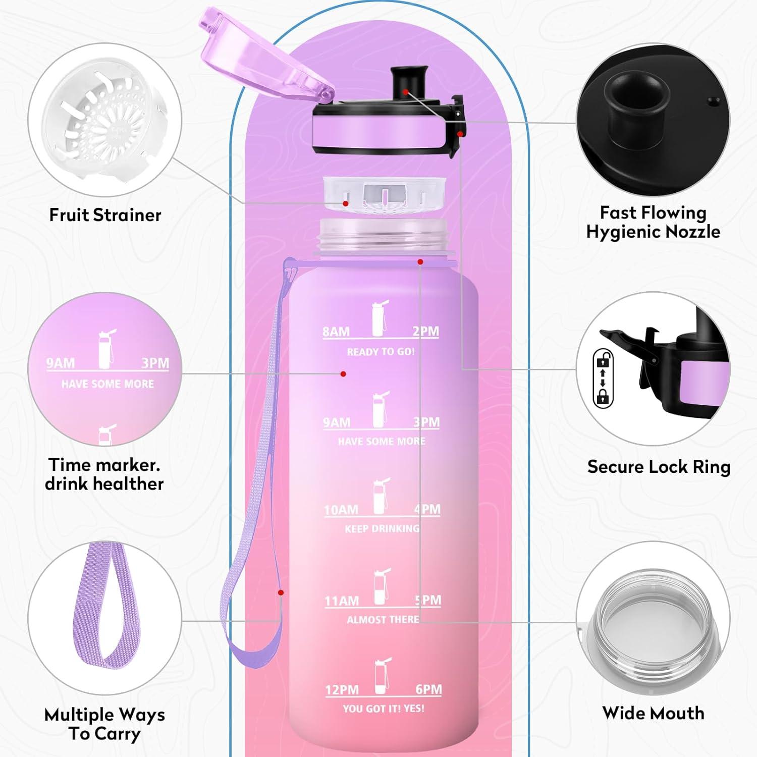 image:imageKollyKolla Gourde 1L Bouteille Motivation tanche avec Filtre sans BPA Bouteille Sport avec Marqueur de Temps Gourde Rutilisable pour Adulte lcole Sport Bureau Yoga Camping1500ml Violet Clair Rose Clair