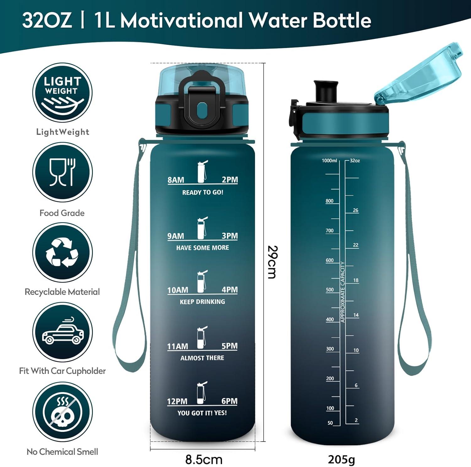 image:imageKollyKolla Gourde 1L Bouteille Motivation tanche avec Filtre sans BPA Bouteille Sport avec Marqueur de Temps Gourde Rutilisable pour Adulte lcole Sport Bureau Yoga Camping1000ml Vert Fonc Gris