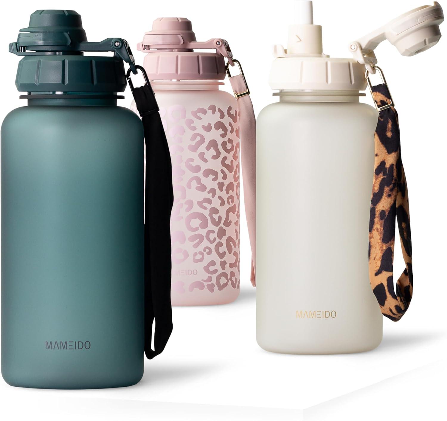 image:imageMAMEIDO Gourde avec Paille 1 l Marqueur de Temps de Motivation Gourde Sport avec Dragonne Gourde tanche Bouteille deau sans BPA Water Bottle Wild CandyOcean Bloom
