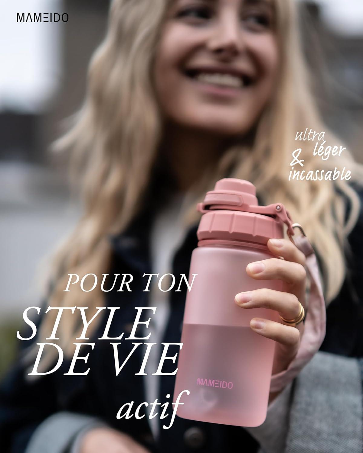 image:imageMAMEIDO Gourde avec Paille 1 l Marqueur de Temps de Motivation Gourde Sport avec Dragonne Gourde tanche Bouteille deau sans BPA Water Bottle Wild CandyFlamingo Pink