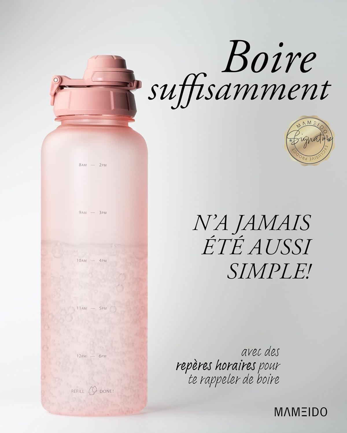 image:imageMAMEIDO Gourde avec Paille 1 l Marqueur de Temps de Motivation Gourde Sport avec Dragonne Gourde tanche Bouteille deau sans BPA Water Bottle Wild CandyFlamingo Pink