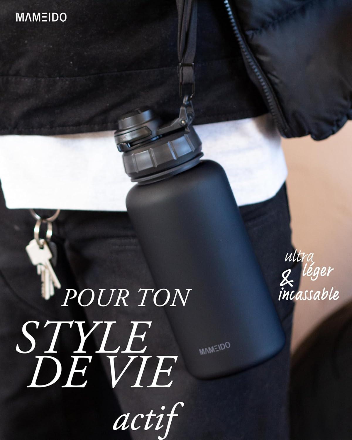 image:imageMAMEIDO Gourde avec Paille 1 l Marqueur de Temps de Motivation Gourde Sport avec Dragonne Gourde tanche Bouteille deau sans BPA Water Bottle Wild CandyRich Black