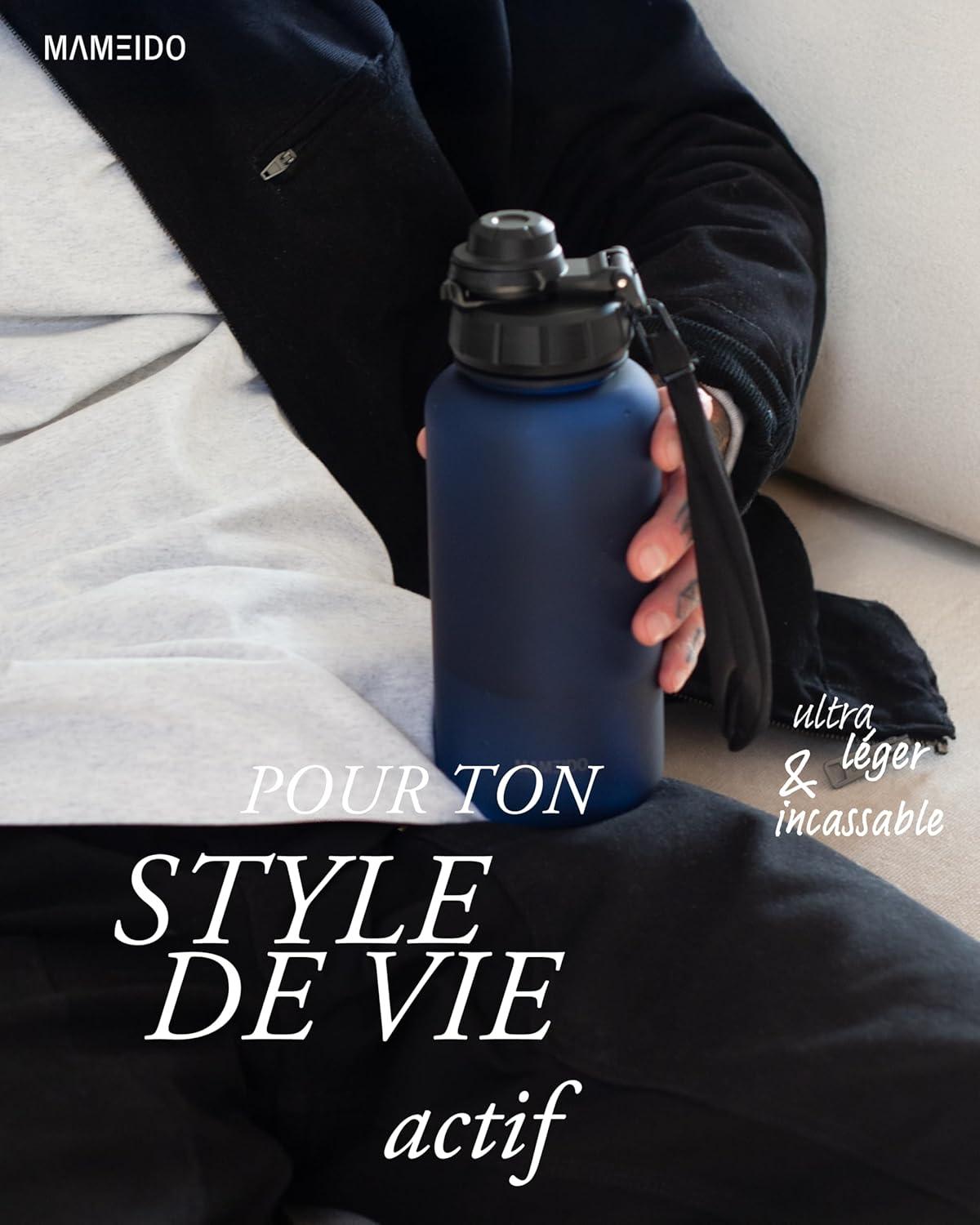 image:imageMAMEIDO Gourde avec Paille 1 l Marqueur de Temps de Motivation Gourde Sport avec Dragonne Gourde tanche Bouteille deau sans BPA Water Bottle Wild CandyDark Night